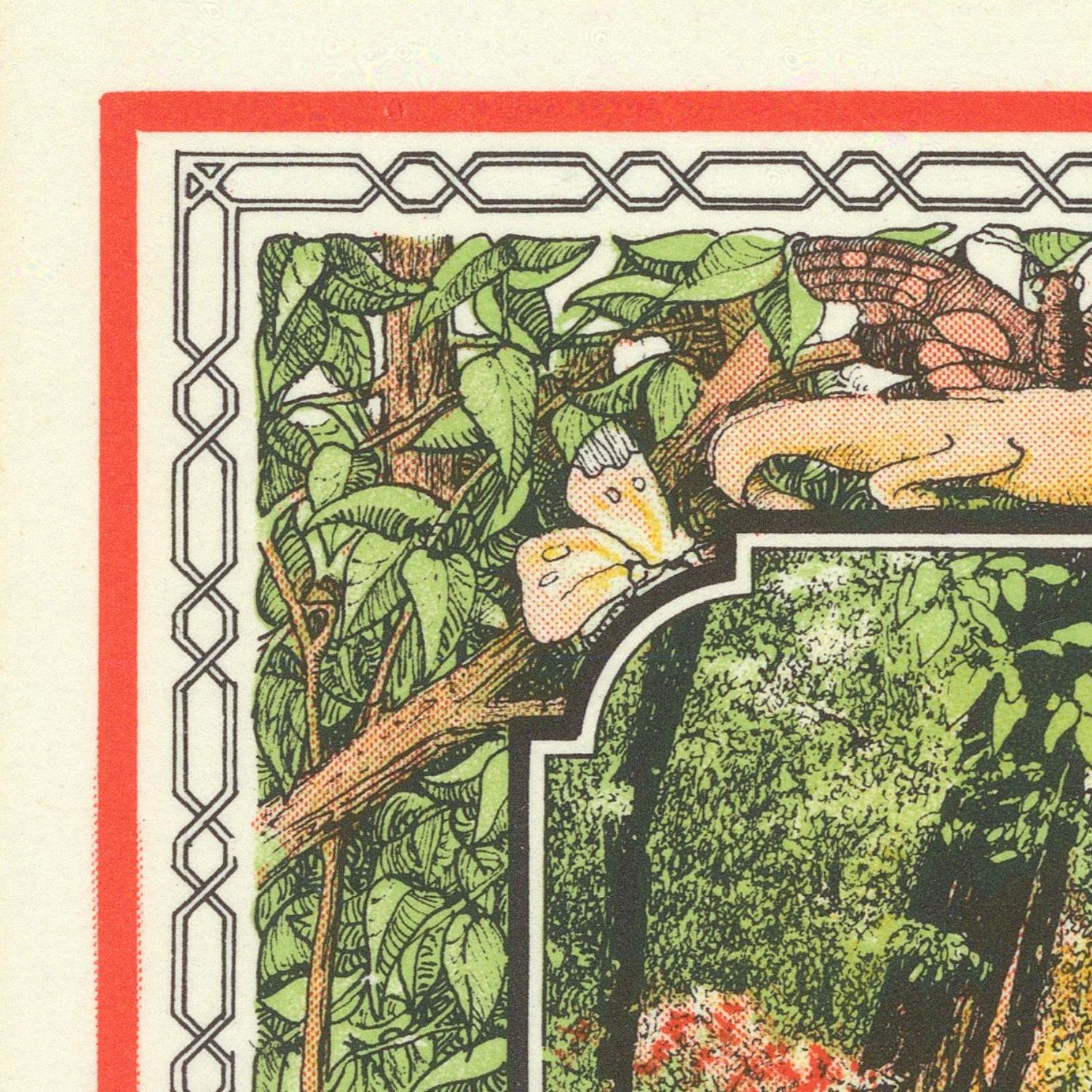 Illustration of a dragon and a fairy in a forest with decorative border