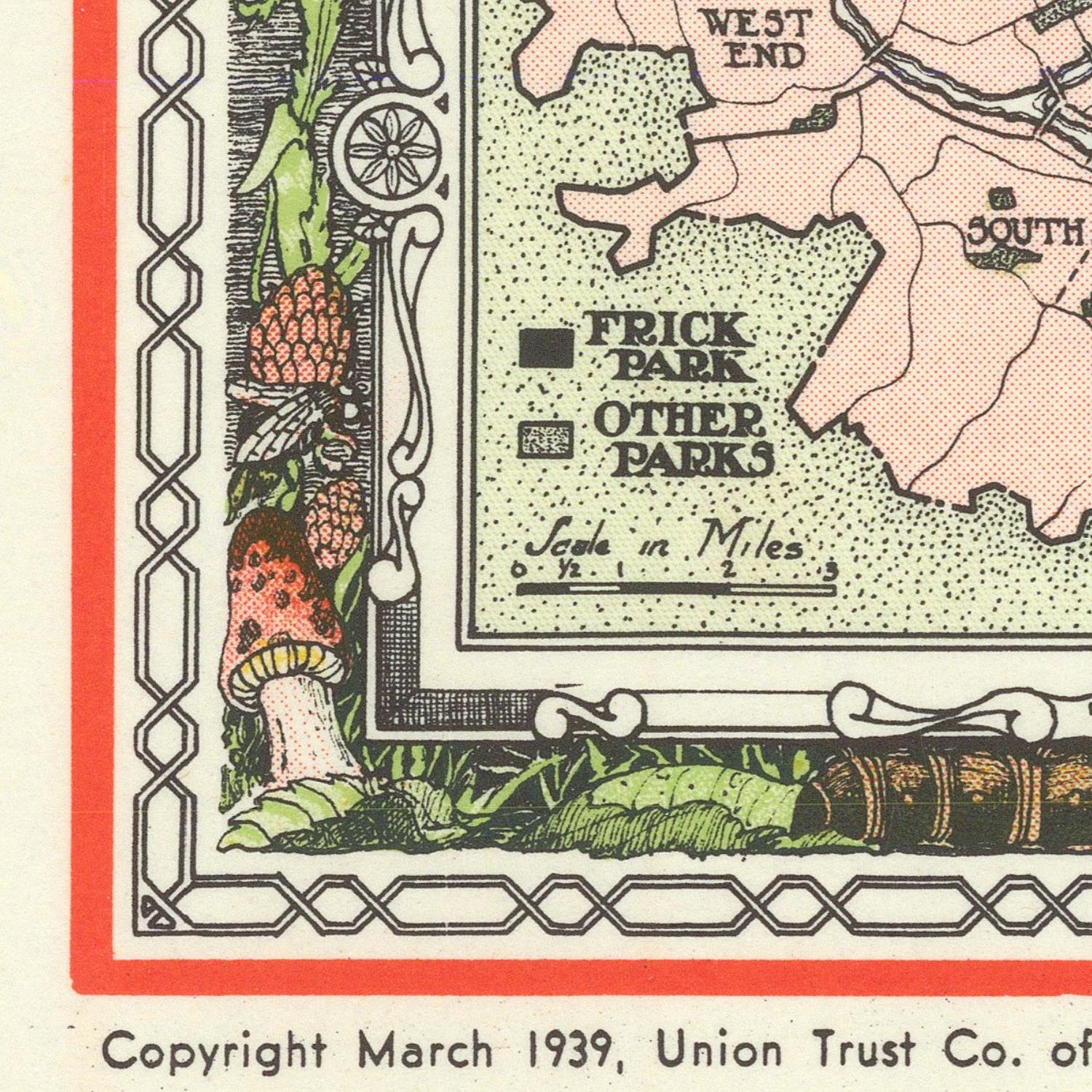 Map of Frick Park and other parks with decorative border and text