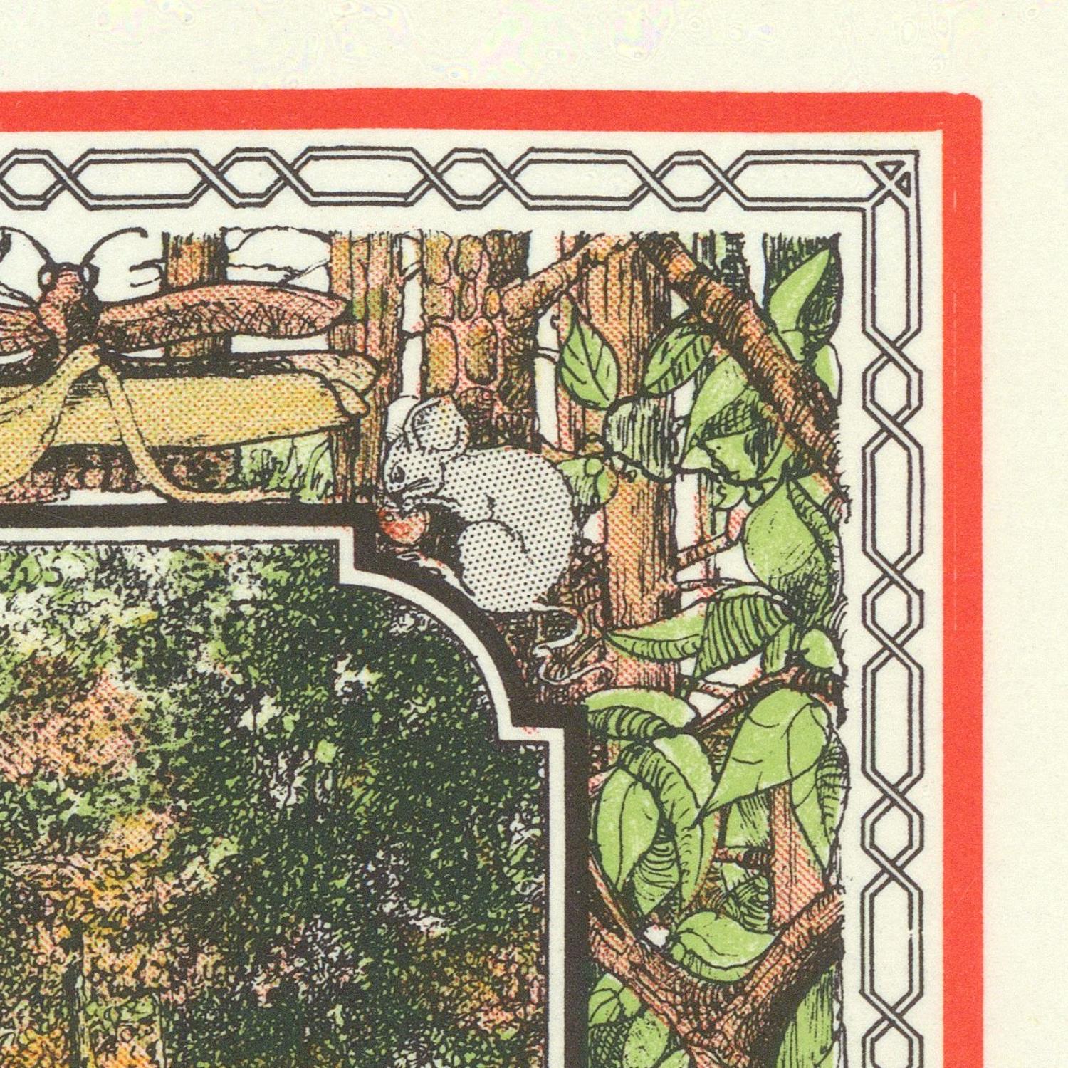 Illustration of a mouse in a garden with a decorative border