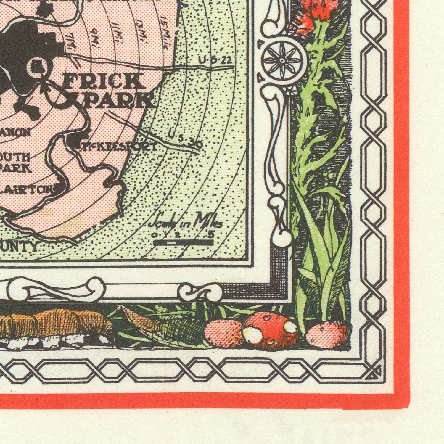 Map of Frick Park with decorative elements and a red border