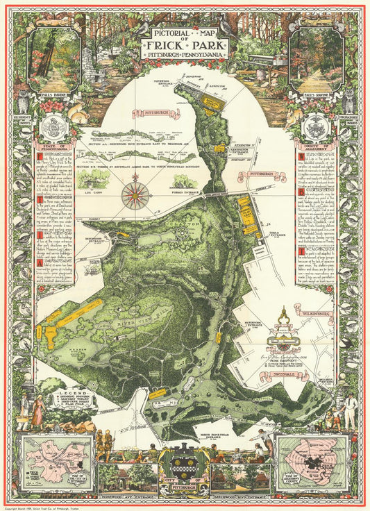 Vintage-style map of Frick Park, Pittsburgh, with decorative elements and illustrations.