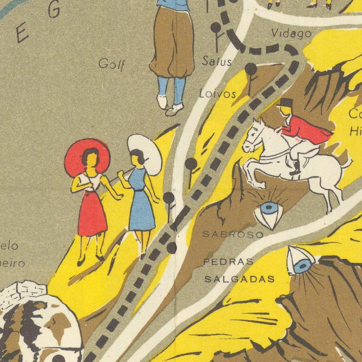 Cartoonish map with people and animals on a road