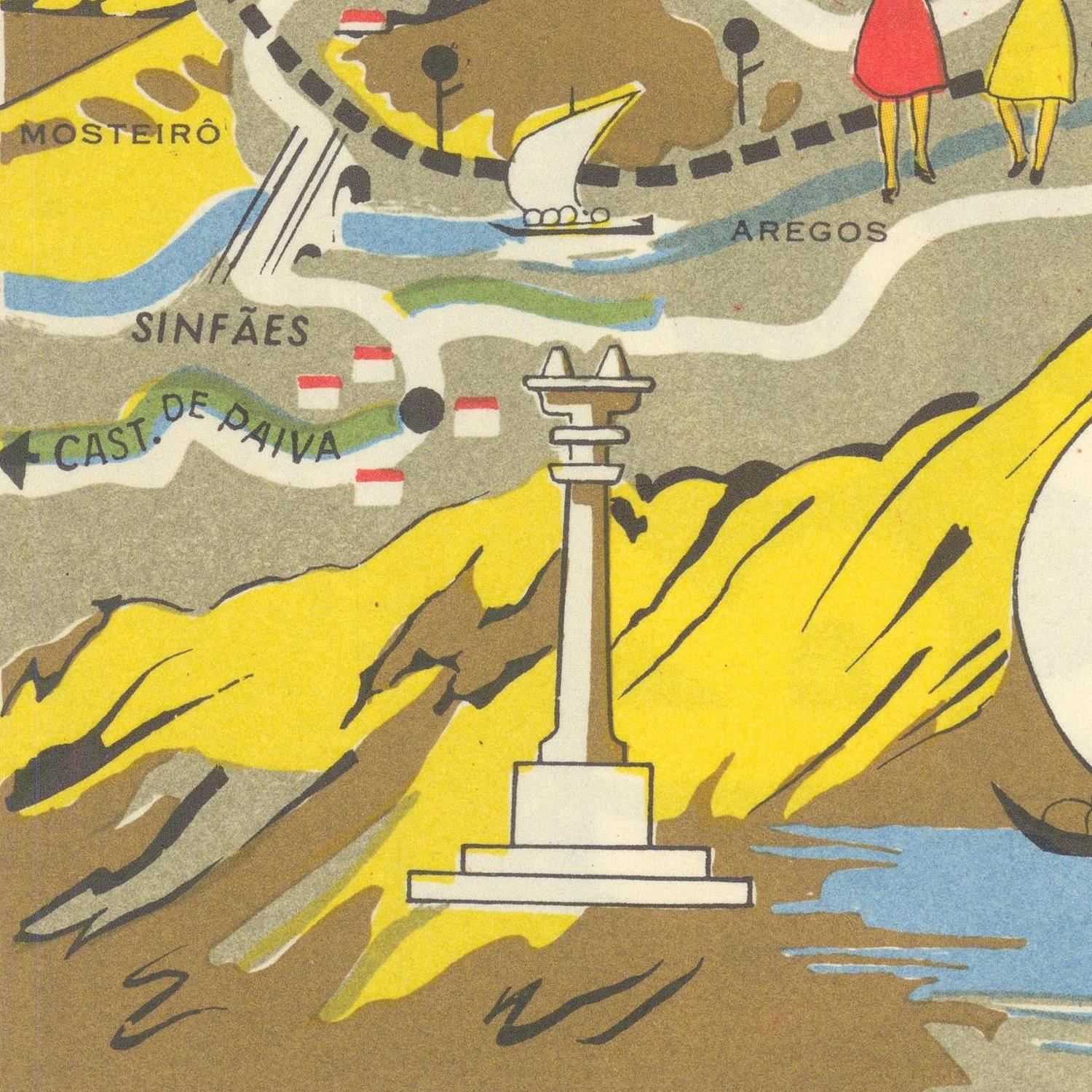 Colorful map with a monument, people, and various labels on a yellow background