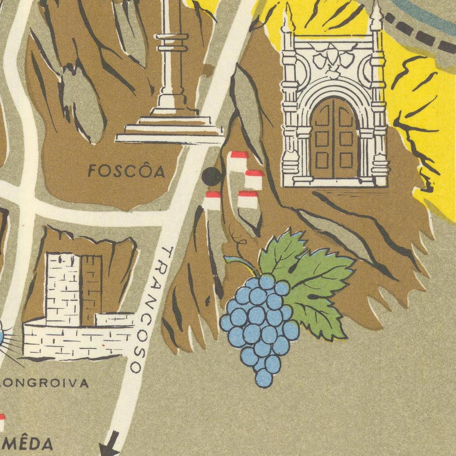 Map detail with architectural elements, street names, and a grape illustration.