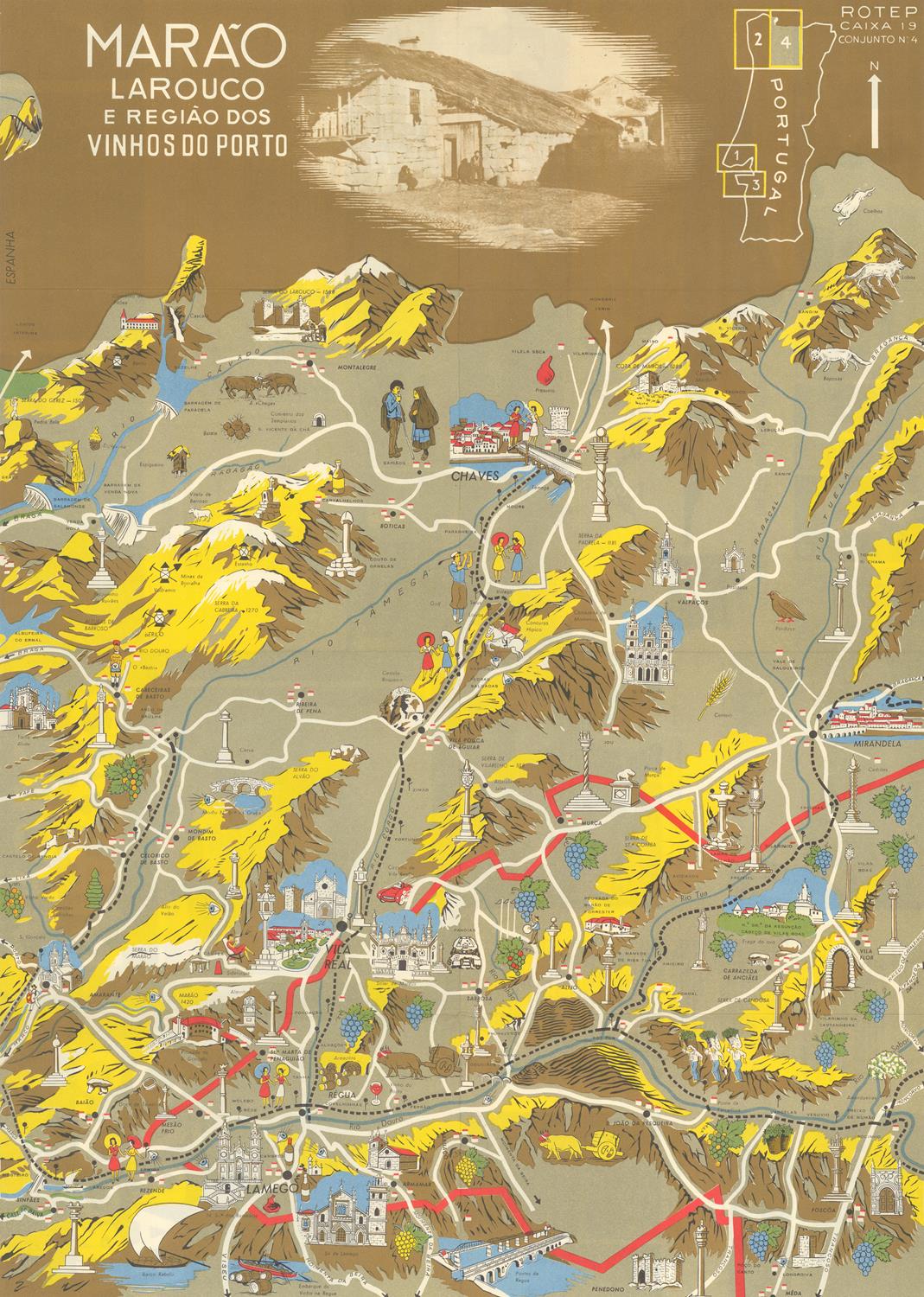Map of Marão Larouco with illustrations and text on a brown background