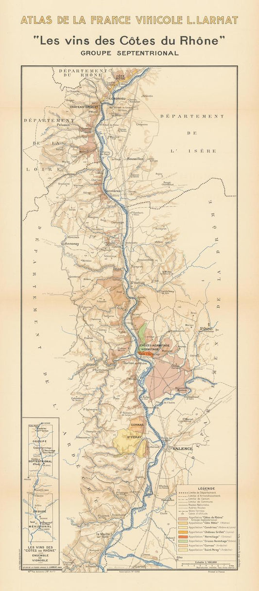 Map of the Côtes du Rhône wine region in France with color coding.