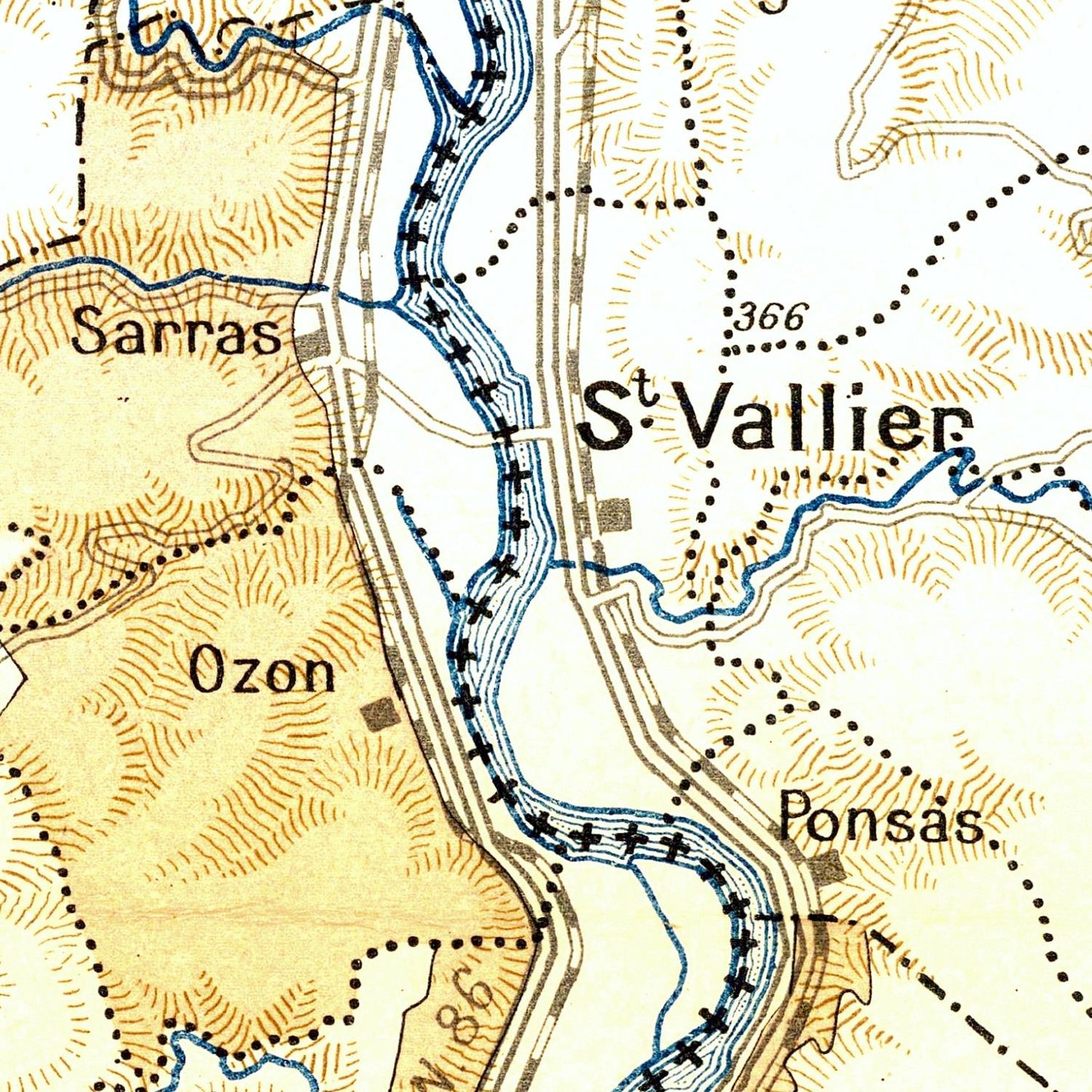 Old map showing a river with labeled towns including Sarras, St. Vallier, Ozon, and Ponsas.