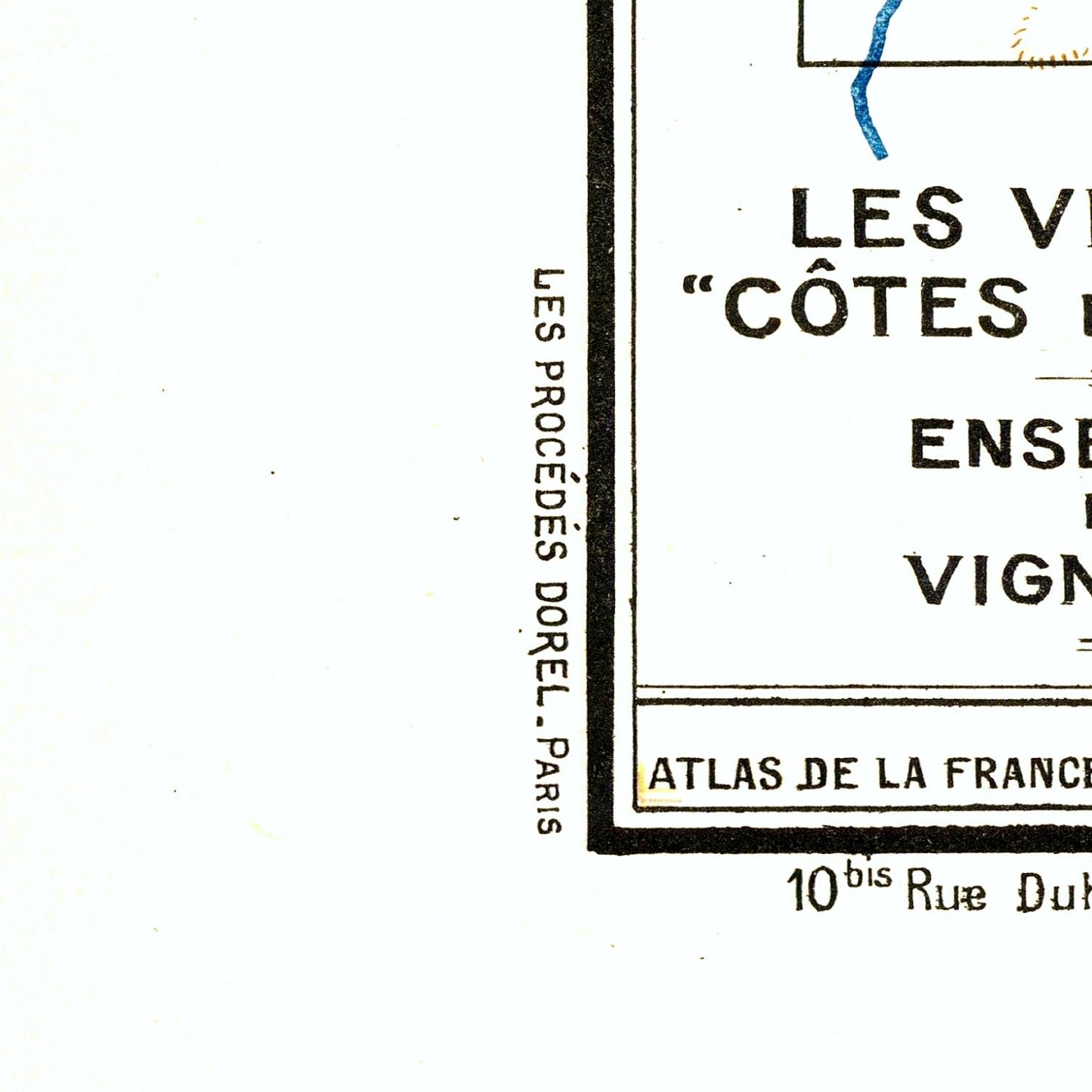 Vintage map label with text 'LES VIGNES COTES' and 'Atlas de la France' on a white background.