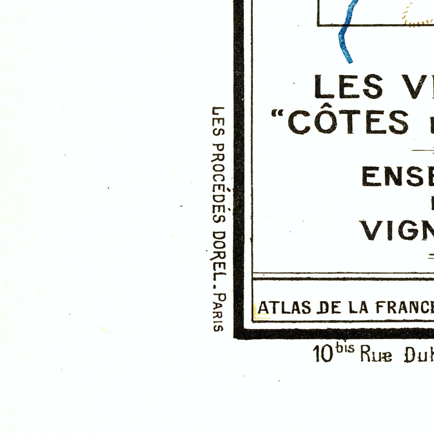 Vintage map label with text 'LES VIGNES COTES' and 'Atlas de la France' on a white background.