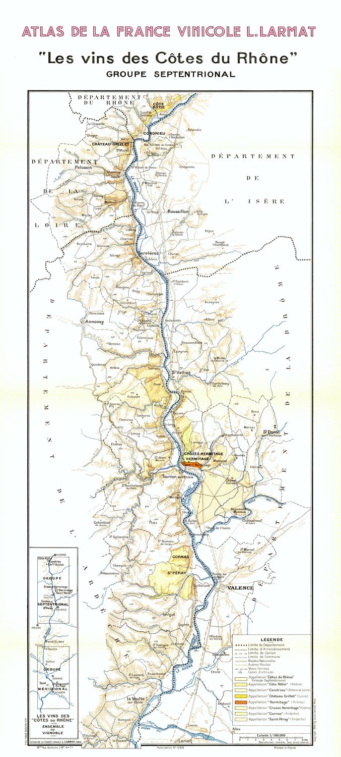 Map of Rhone Valley wine regions in France with color coding.