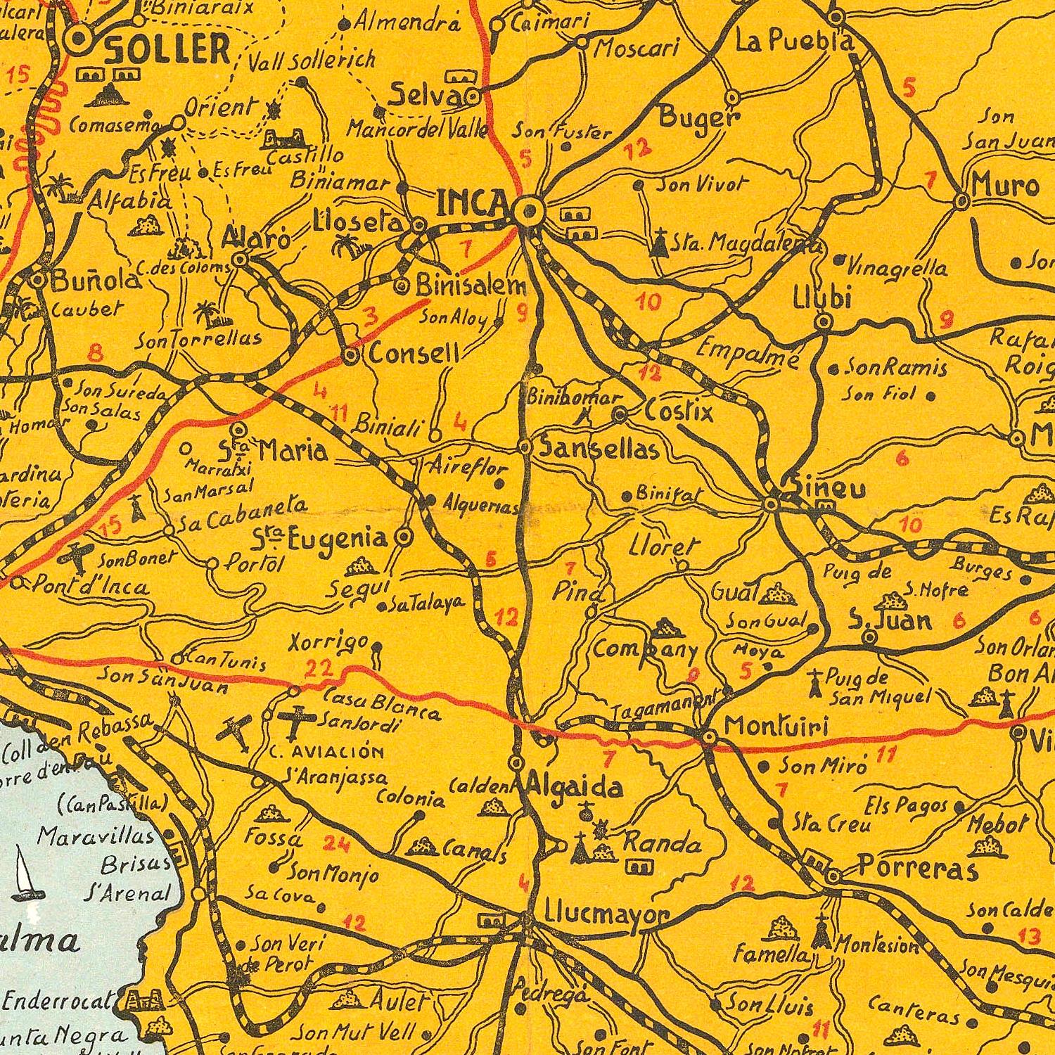 Map of a region with various locations labeled on a yellow background