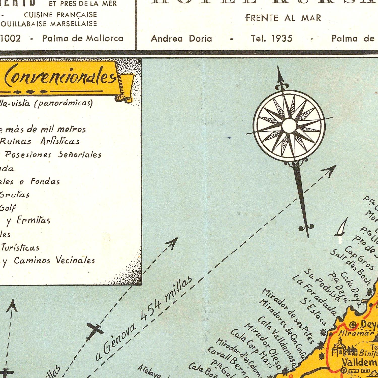 Vintage map with a compass and text in Spanish, featuring 'HOTEL RUSSE' and 'Convencionales' at the top.