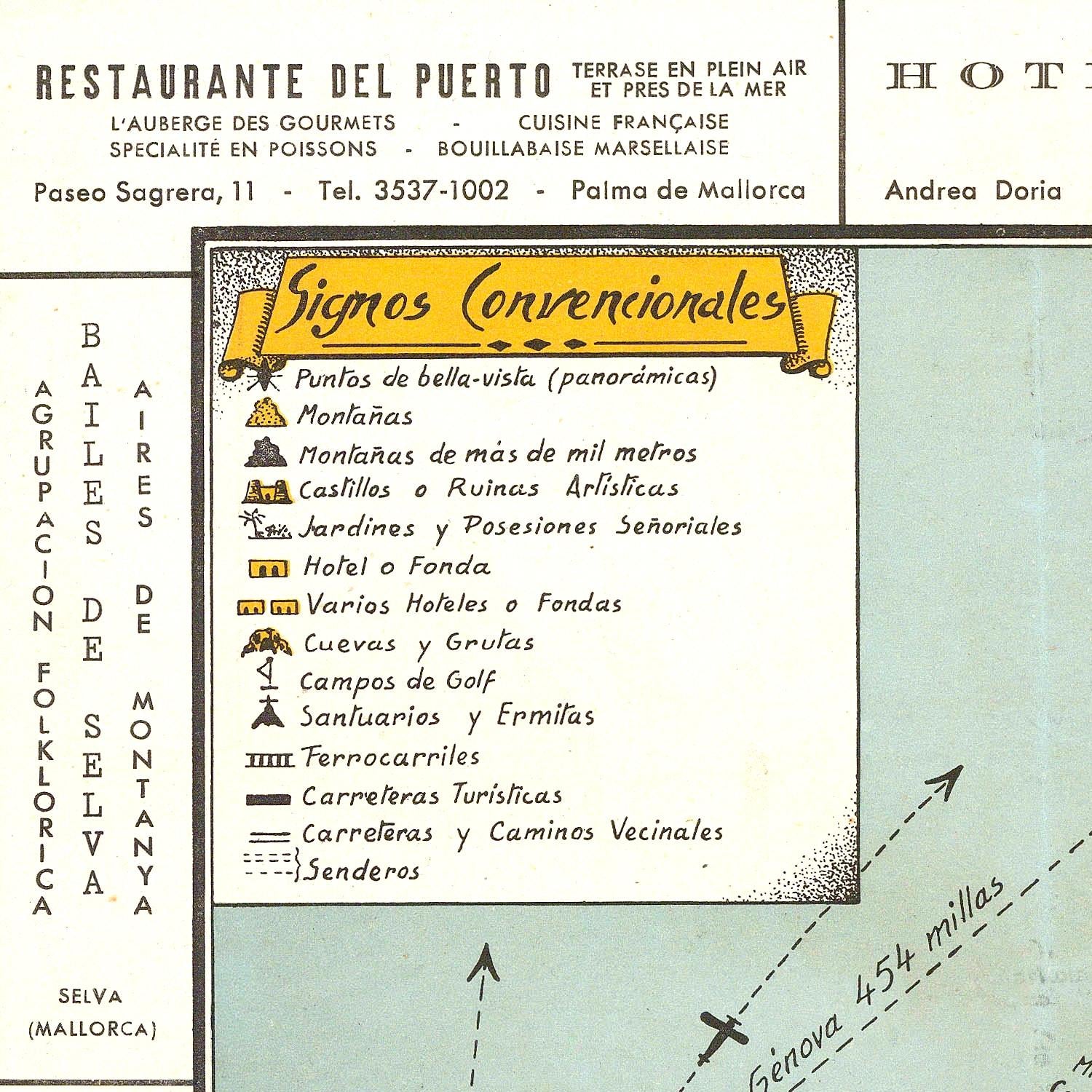 Map with symbols and text explaining conventional signs, likely from a travel guide or educational material.