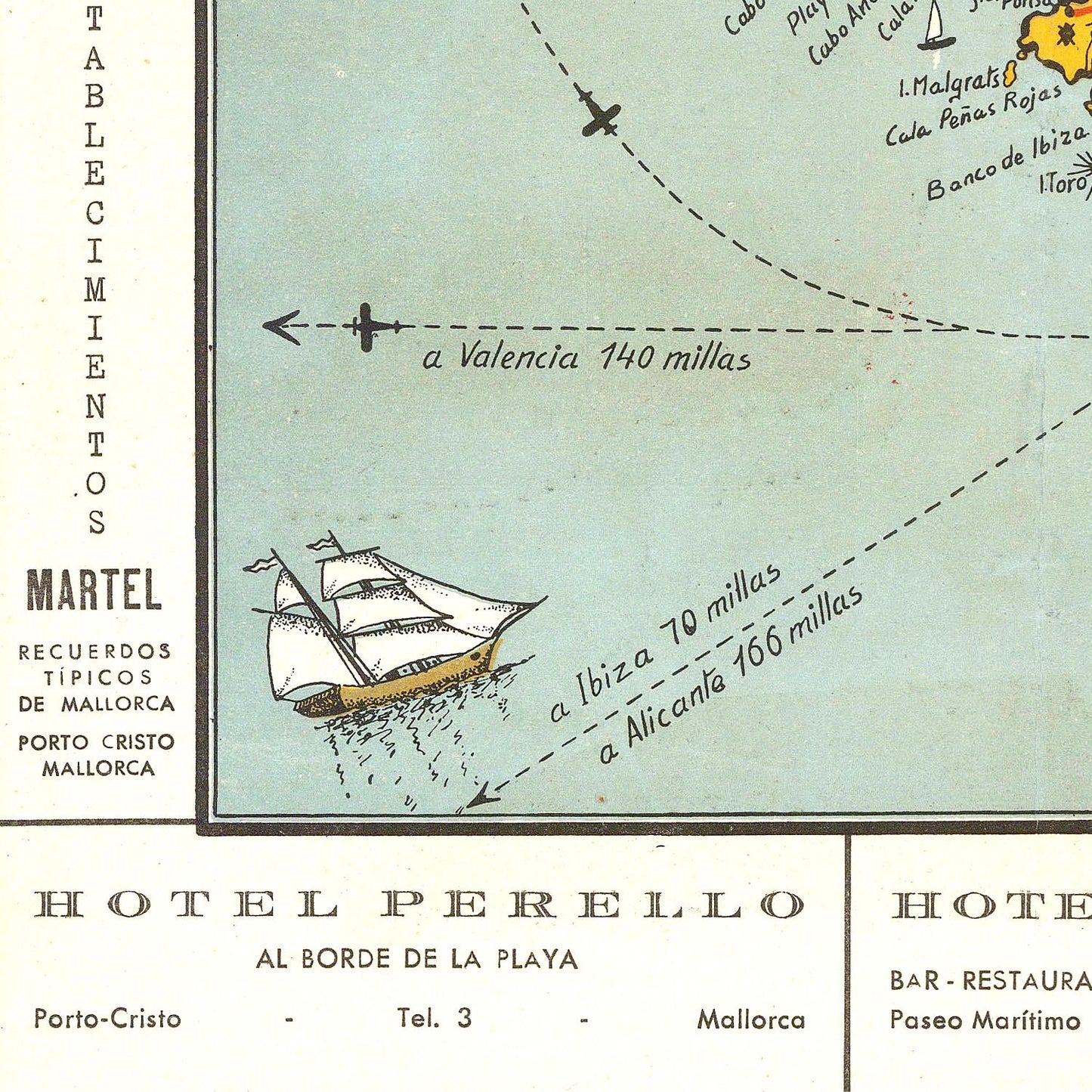 Map with a ship illustration and text about distances to Valencia, Ibiza, and Alicante from a location on Mallorca.