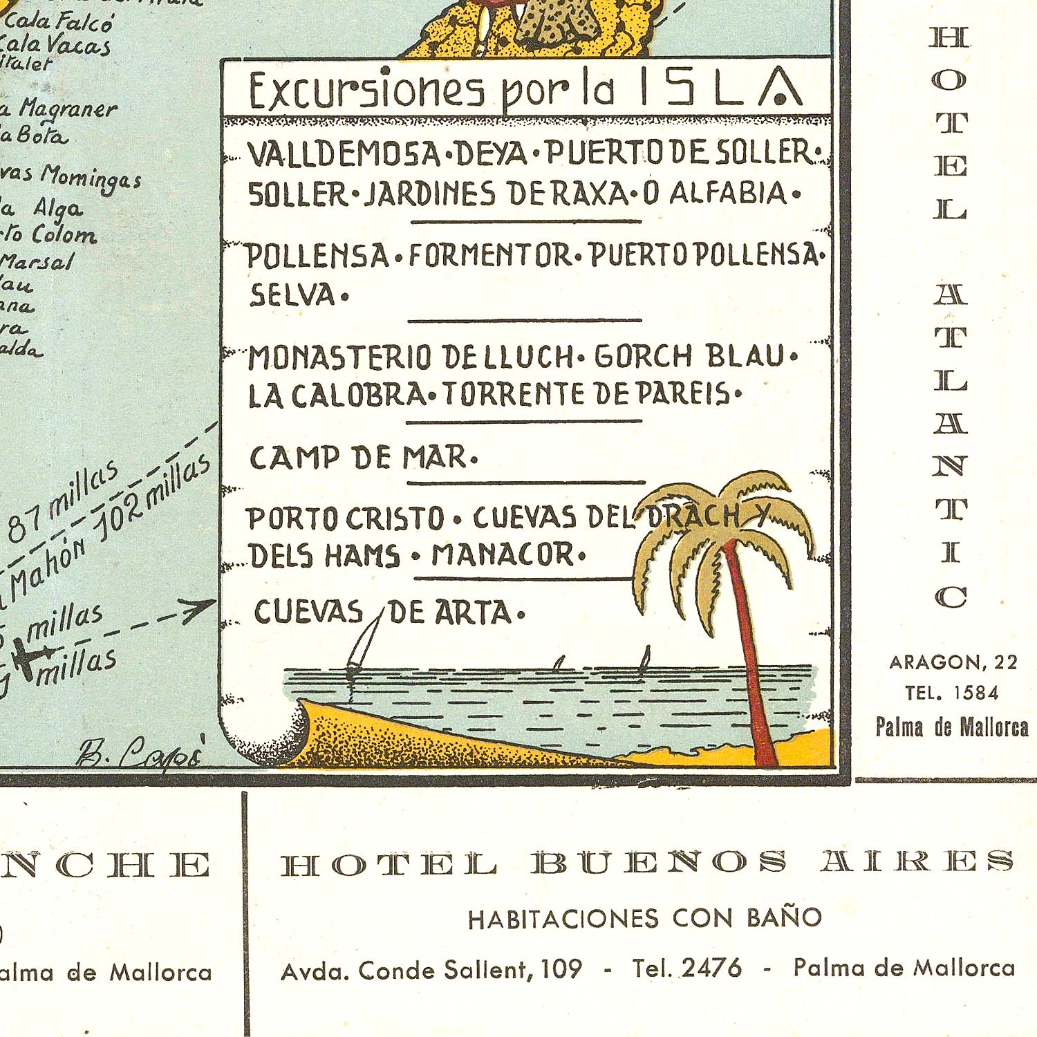 Map with text and palm tree illustration, featuring 'Excursiones por la ISLA' and 'Hotel Atlantico'.