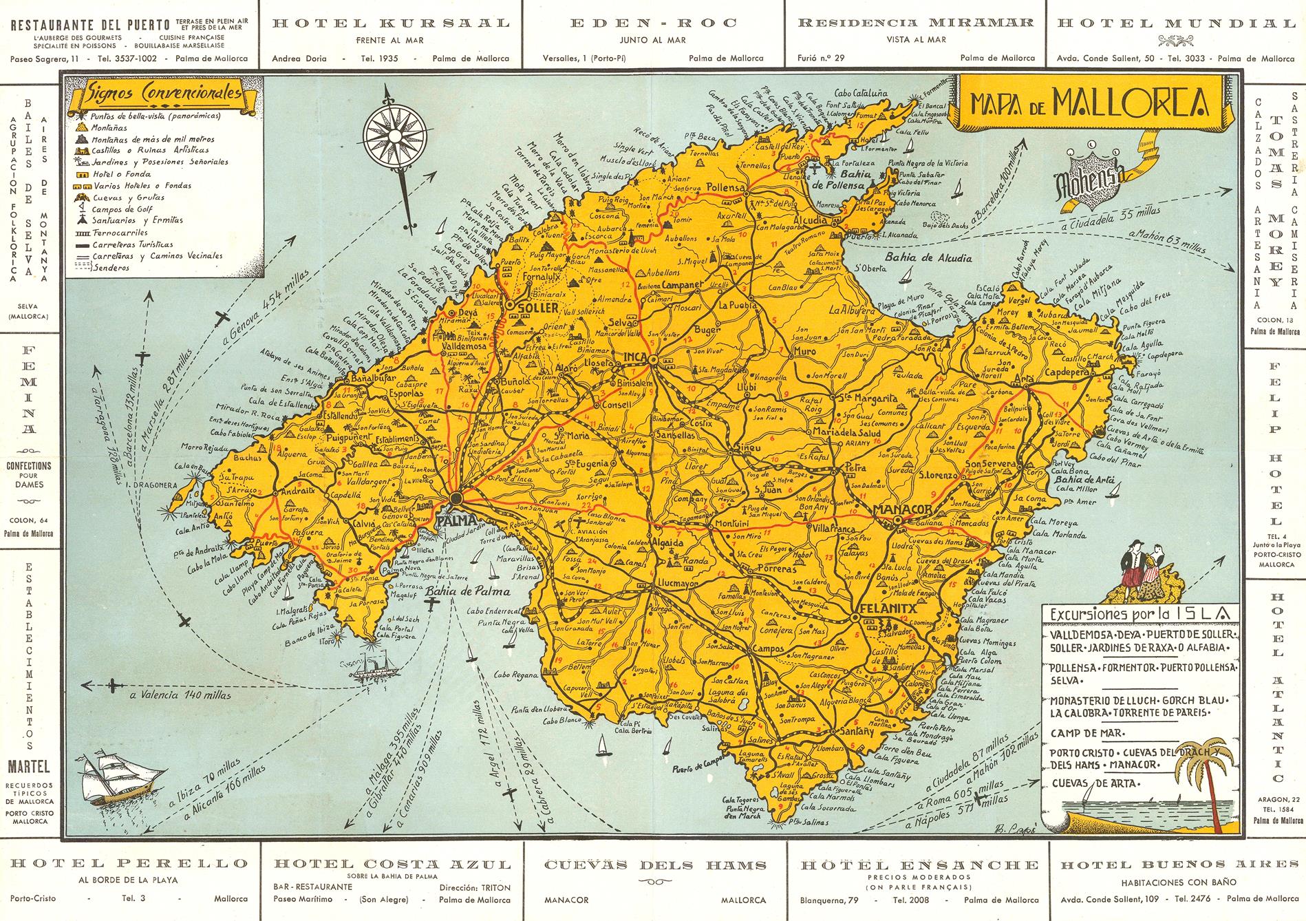 Vintage map of Mallorca with detailed routes and landmarks.