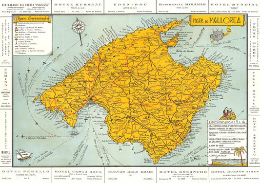 Vintage map of Mallorca with detailed routes and landmarks.