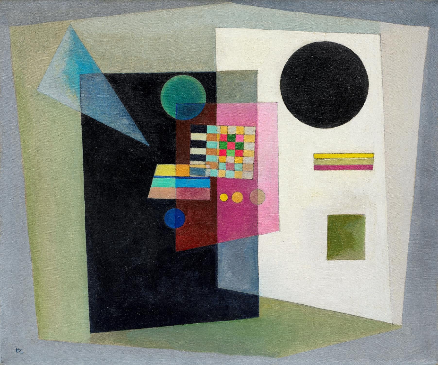 Abstract artwork with geometric shapes and colors on a textured surface