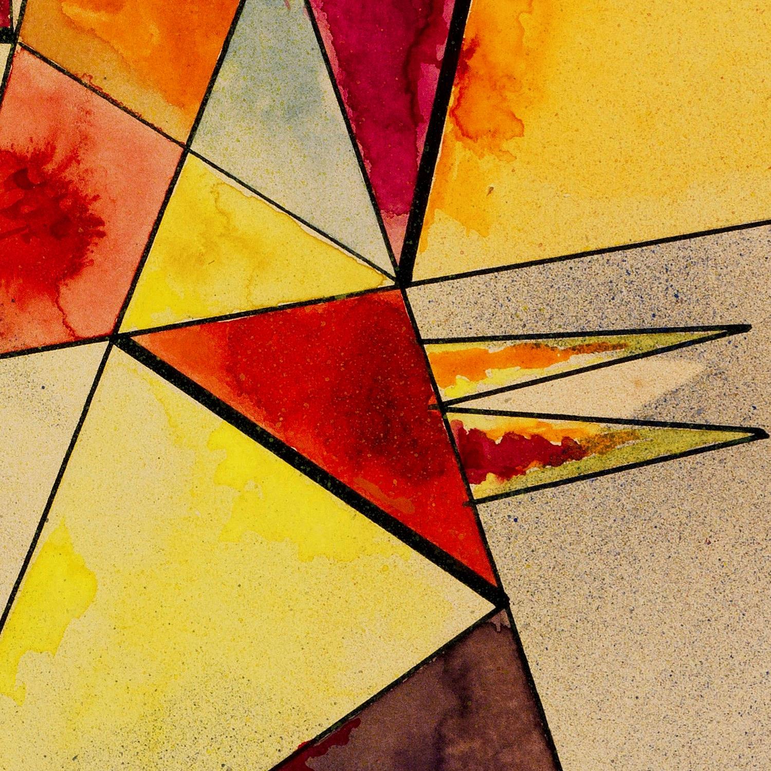 Abstract geometric design with triangles in red, yellow, and orange on a textured beige background