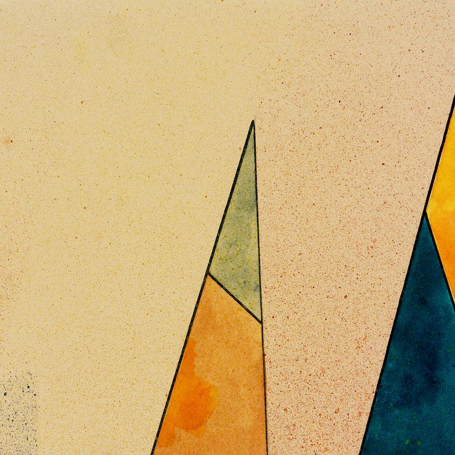 Abstract geometric design with triangles in green, orange, and blue on a beige background