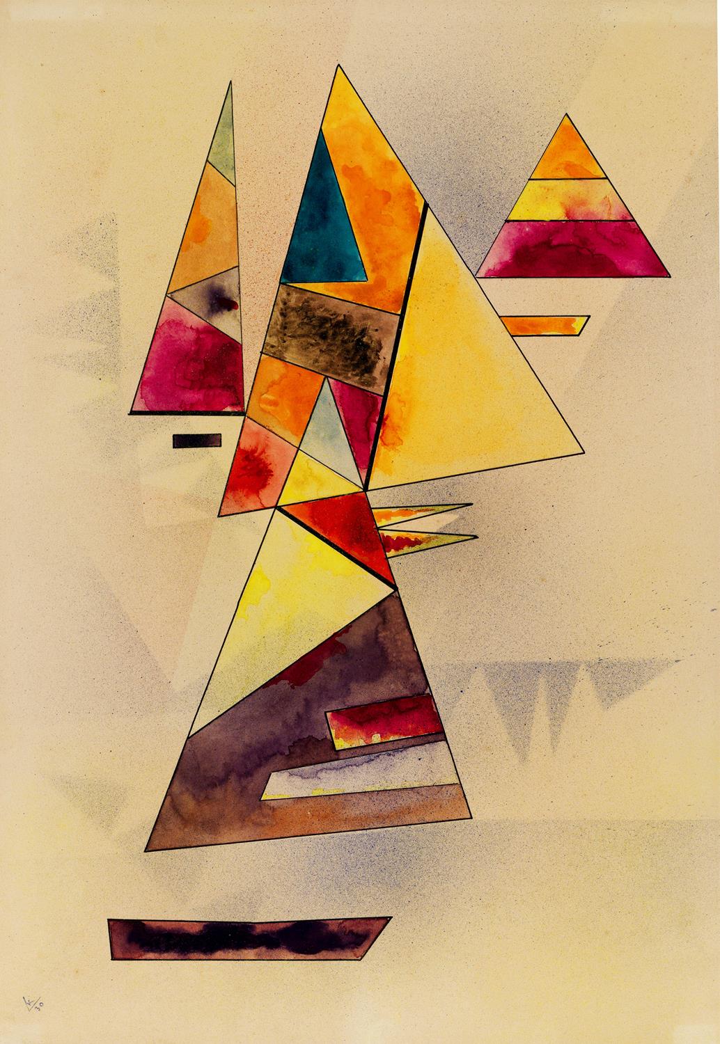 Abstract art piece with geometric shapes in multiple colors on a beige background