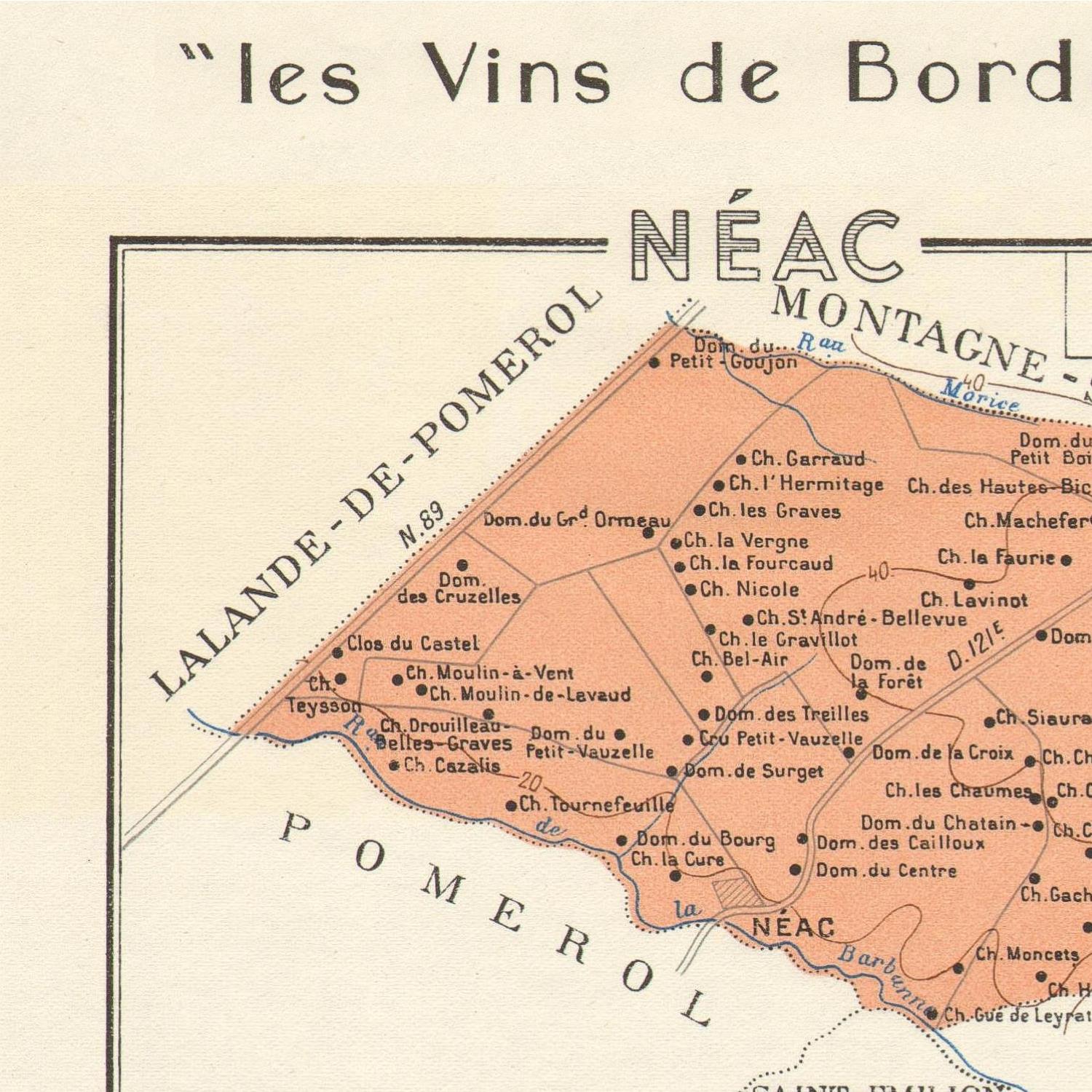 Map of vineyards in Bordeaux with labeled regions and wineries.