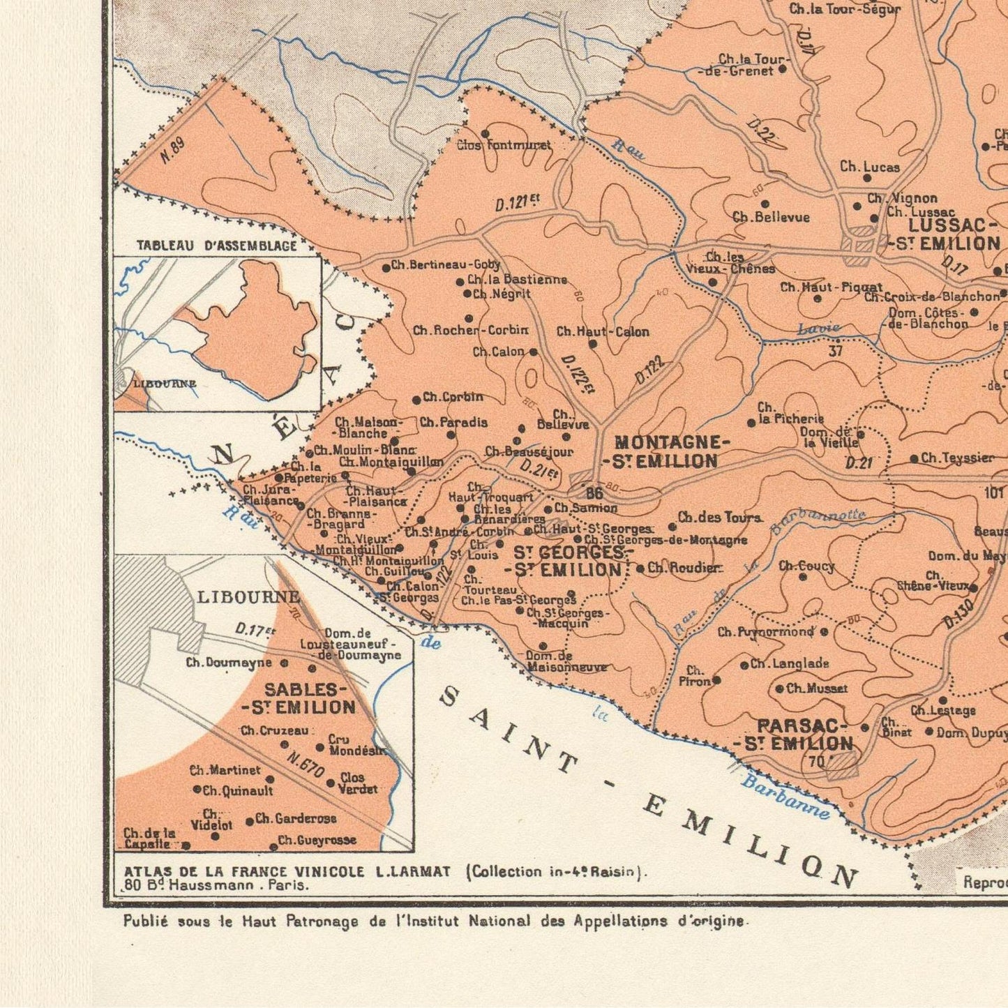 Vintage map of Saint-Emilion wine region with color-coded areas