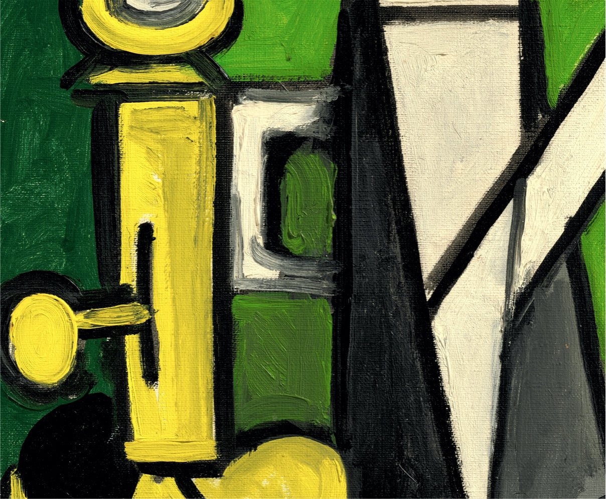 Abstract art with geometric shapes in yellow, green, and black on a textured surface.