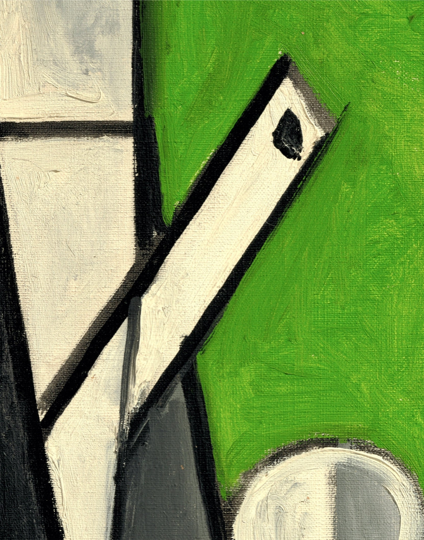 Abstract art with geometric shapes in black, white, and green on a textured surface.