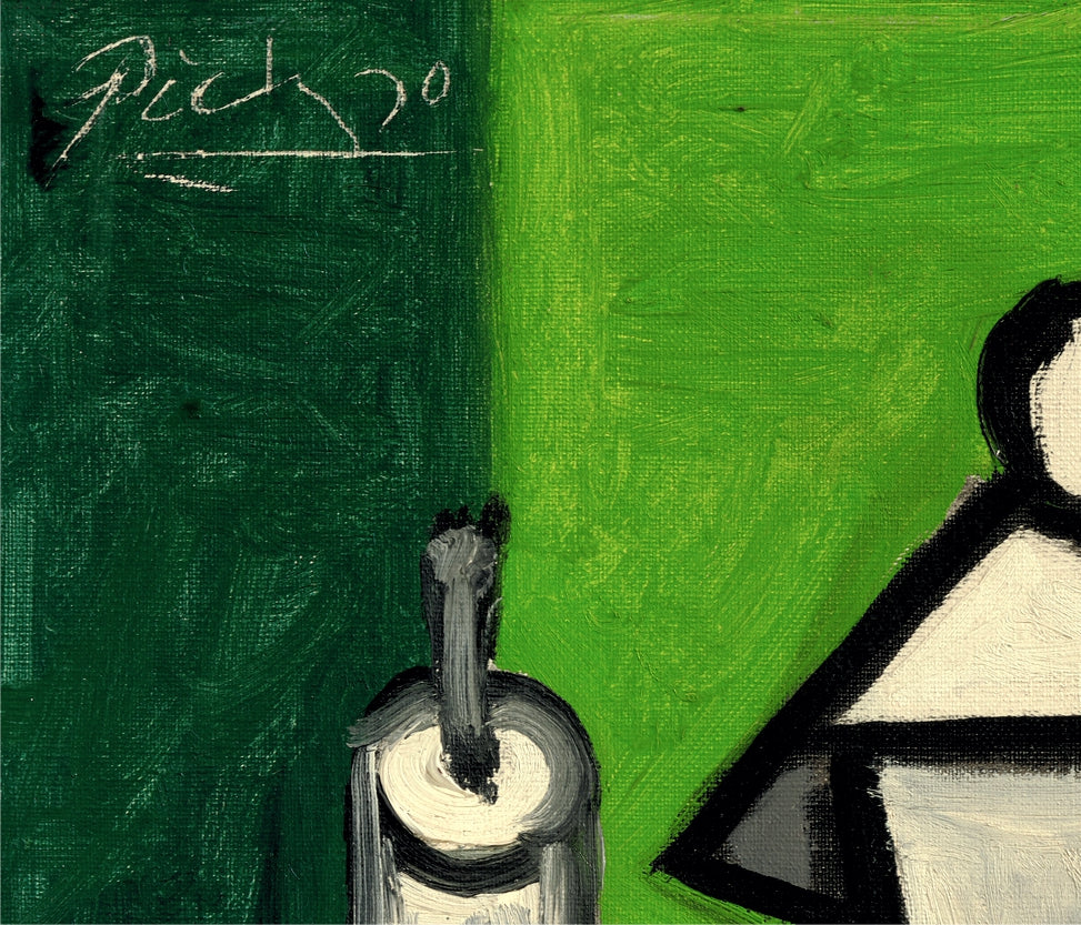Abstract artwork with a green background and black and white figures.