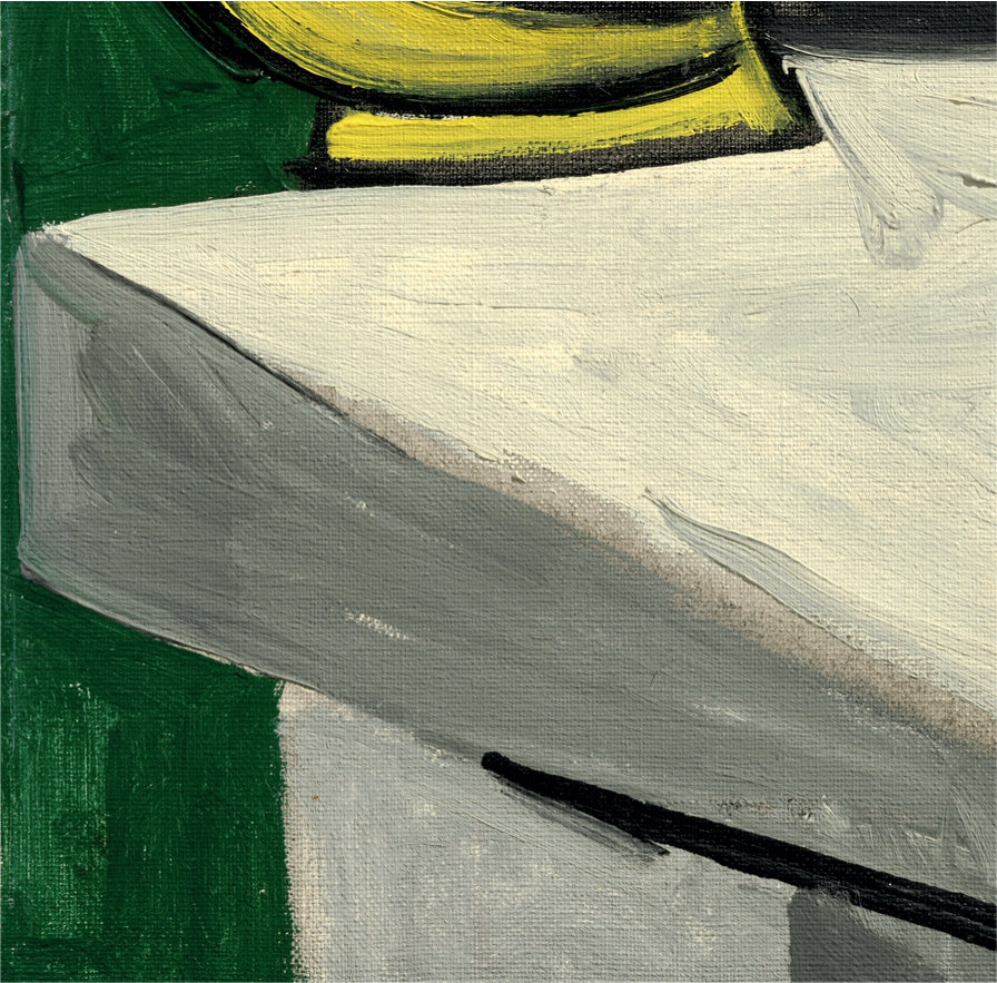 Abstract painting with green, yellow, and gray colors
