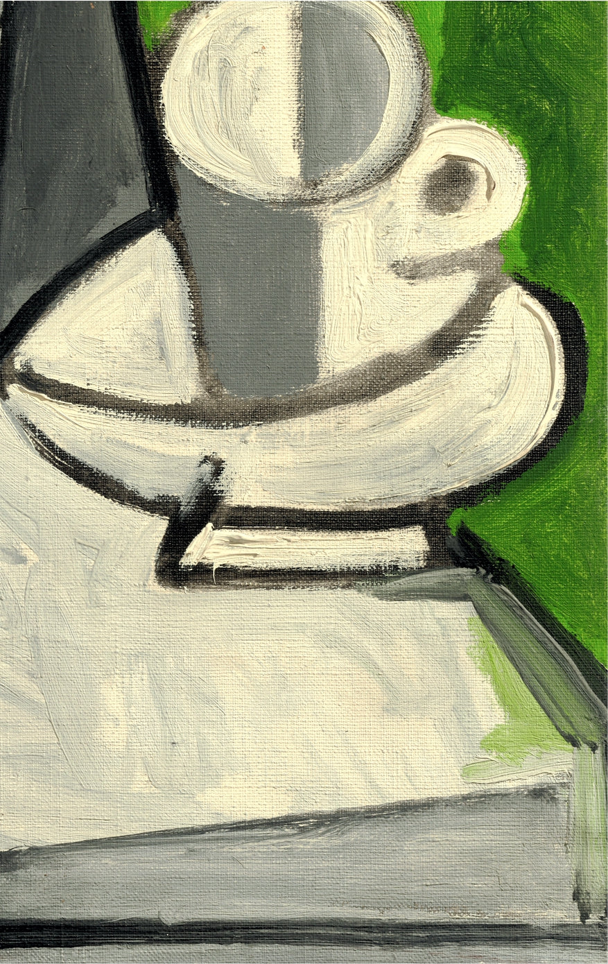 Abstract painting of a teacup on a saucer with a green background