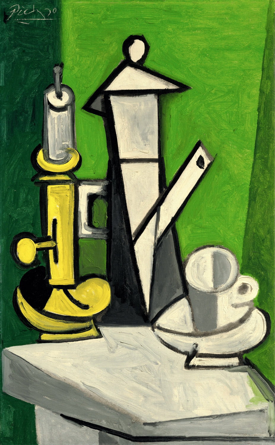 Abstract artwork with geometric shapes on a green background