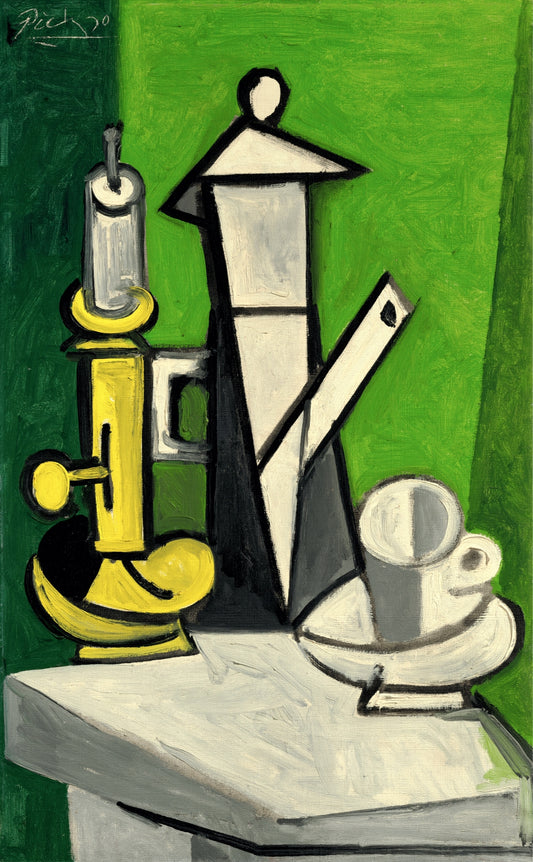 Abstract artwork with geometric shapes on a green background