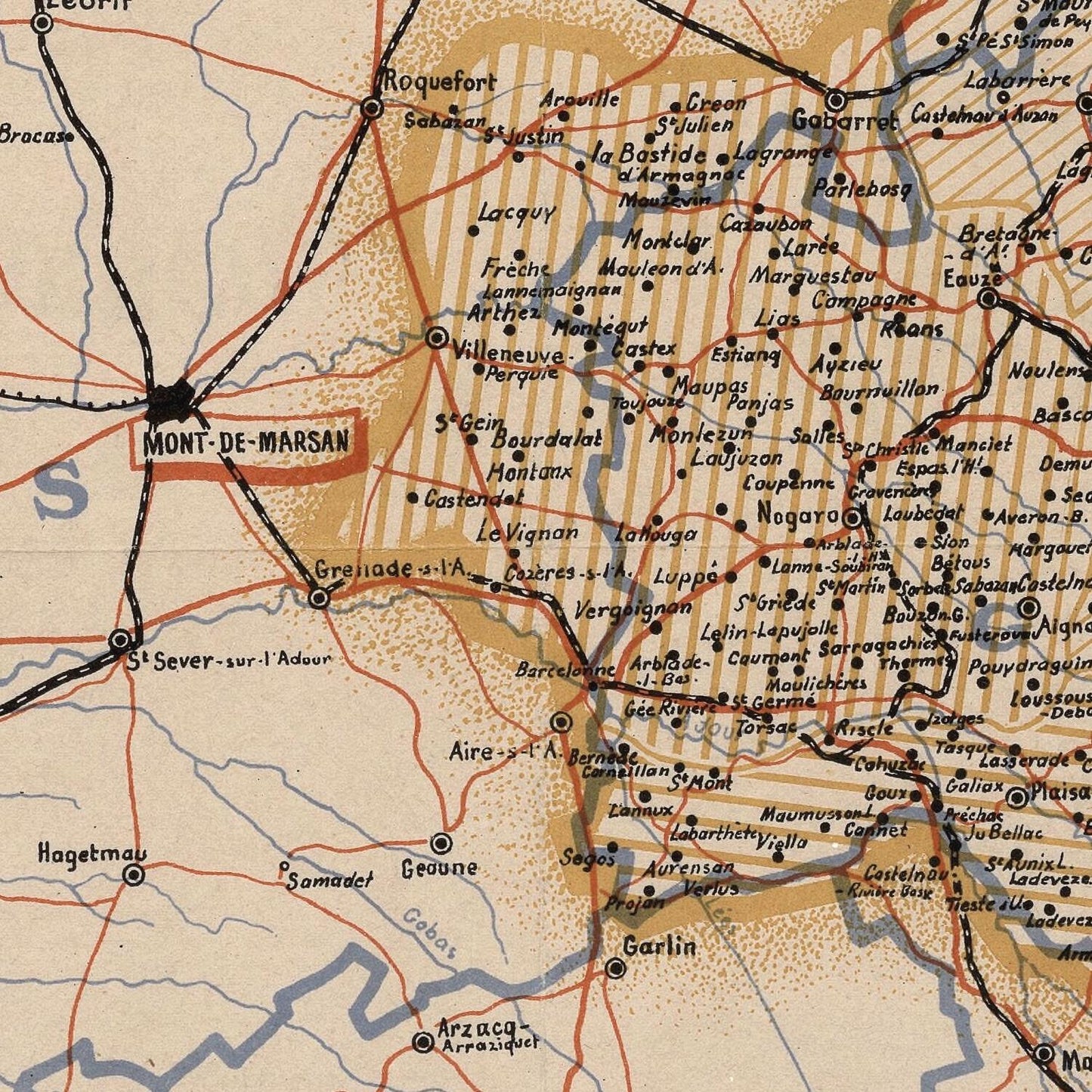 Vintage map of Mont-de-Marsan and surrounding areas with labeled roads and towns.