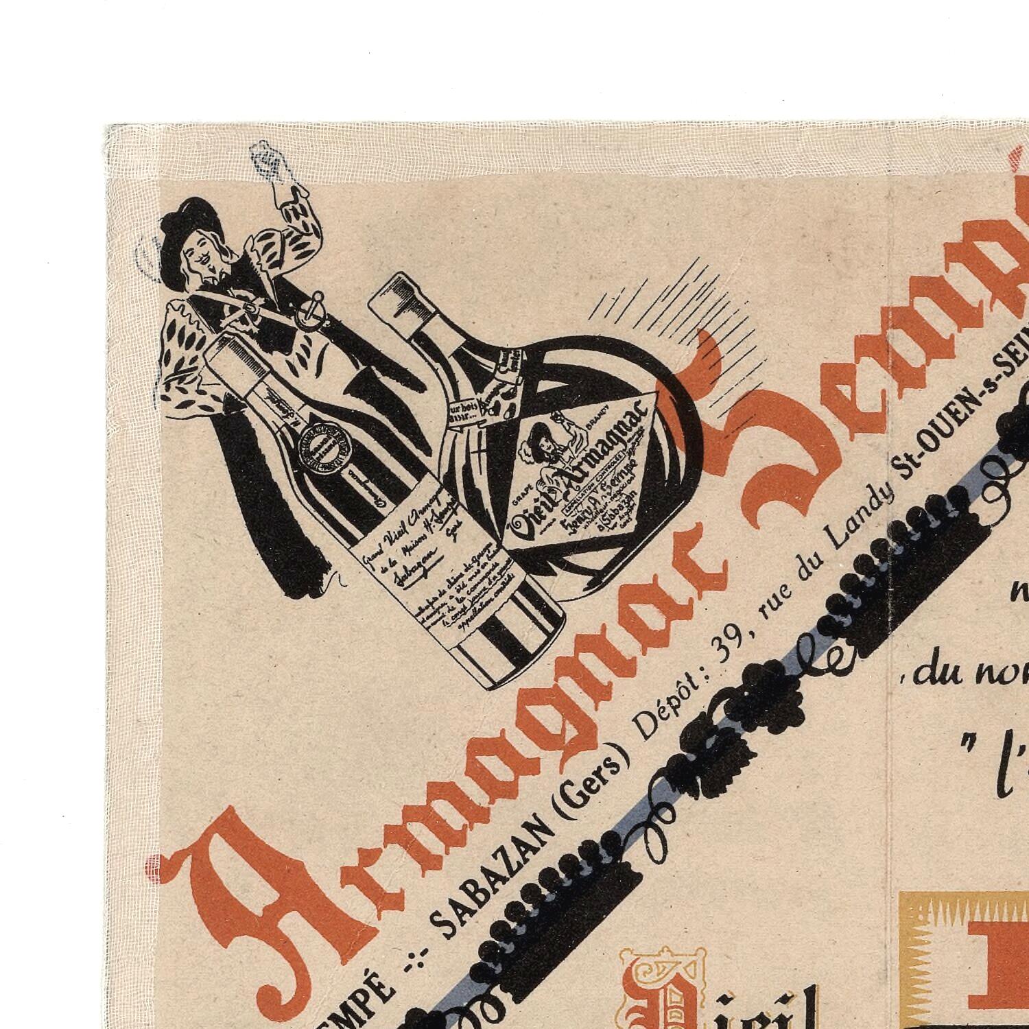 Vintage-style advertisement for Armagnac Demarle with stylized text and graphics on a beige background.