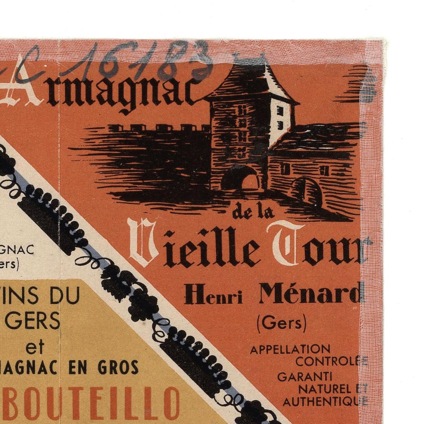 Vintage Armagnac label with architectural illustration and text