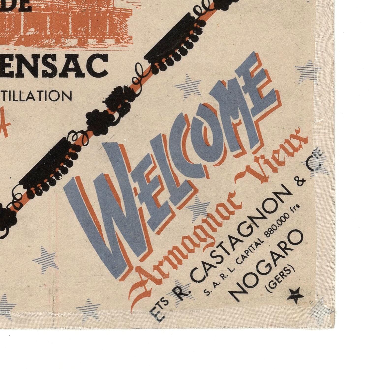 Vintage-style advertisement with 'Welcome' text and decorative elements on a textured background
