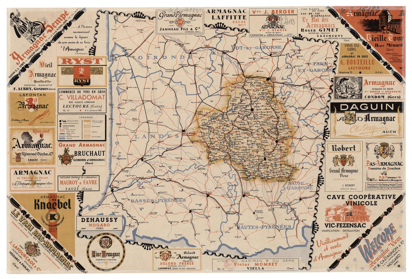 Map of Armagnac region with vintage brand labels around it