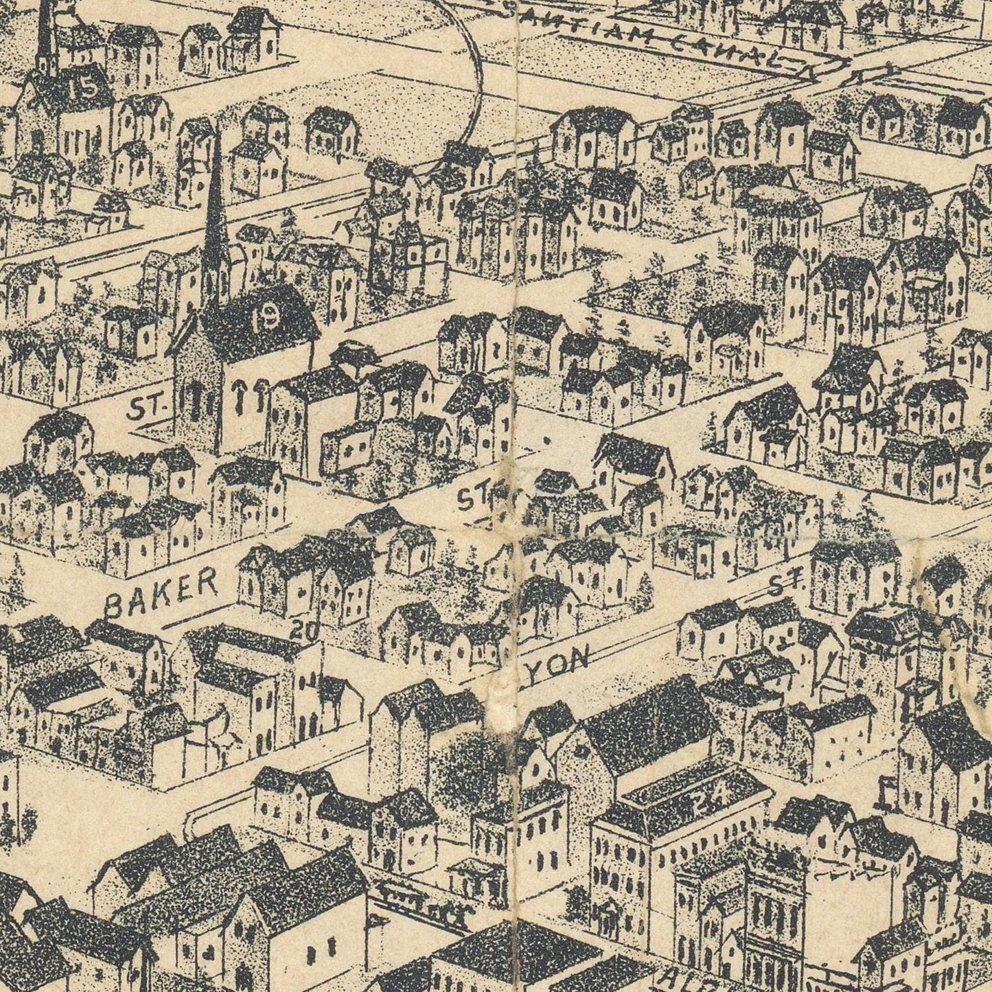 Vintage map of a residential area with houses and streets labeled