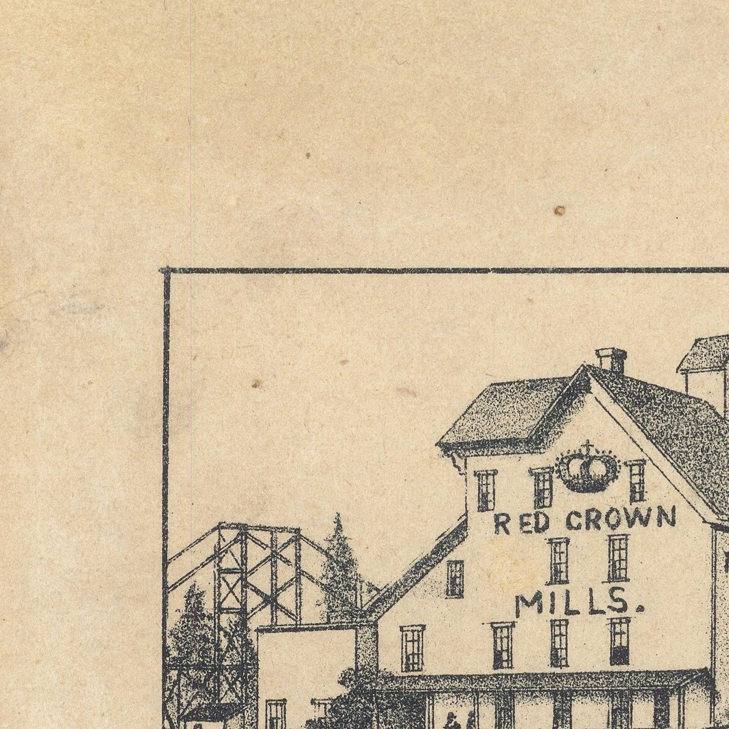Vintage illustration of a building labeled 'Red Crown Mills' on a textured beige background.