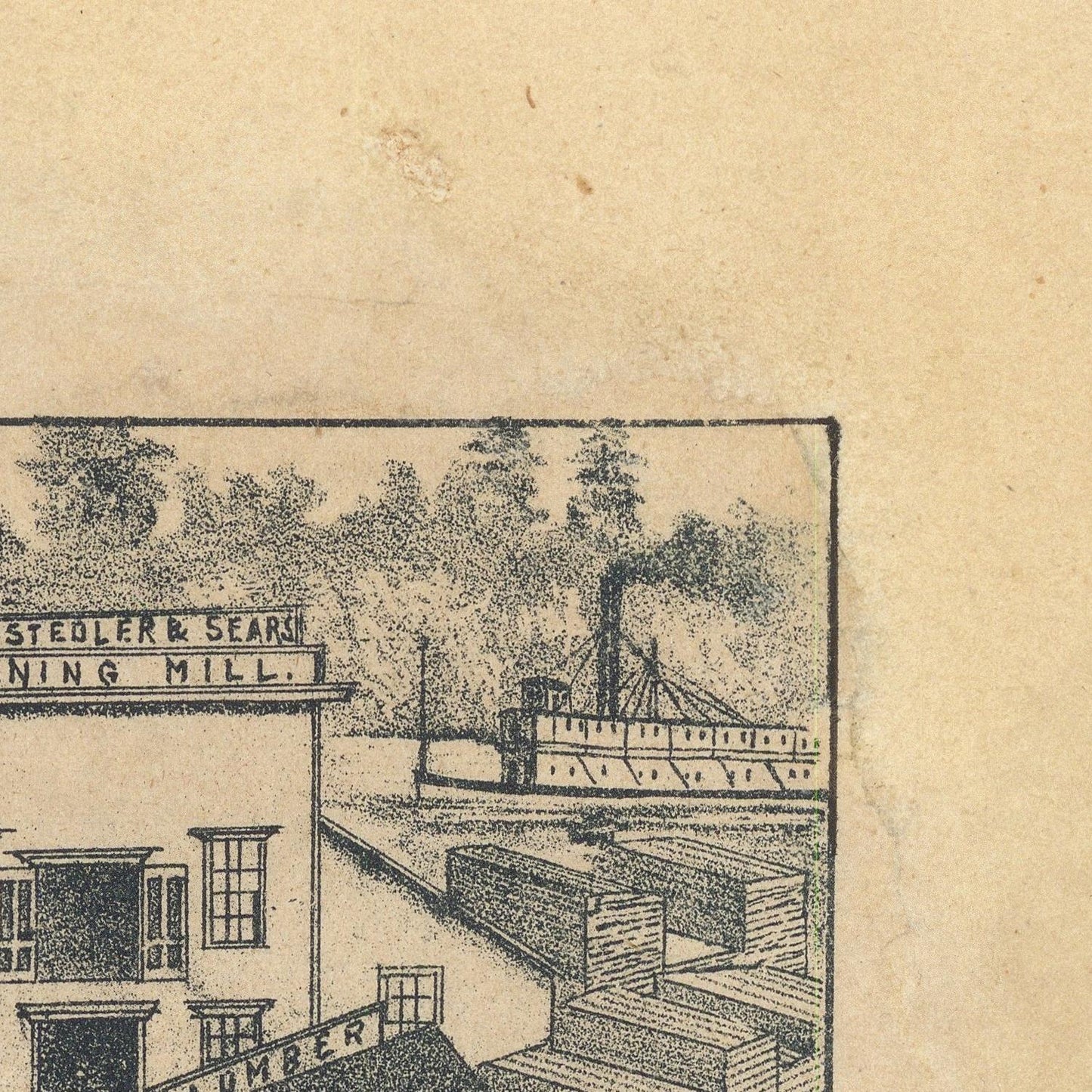 Vintage illustration of a steamboat and buildings with 'Steigler & Sears' text on a textured beige background.