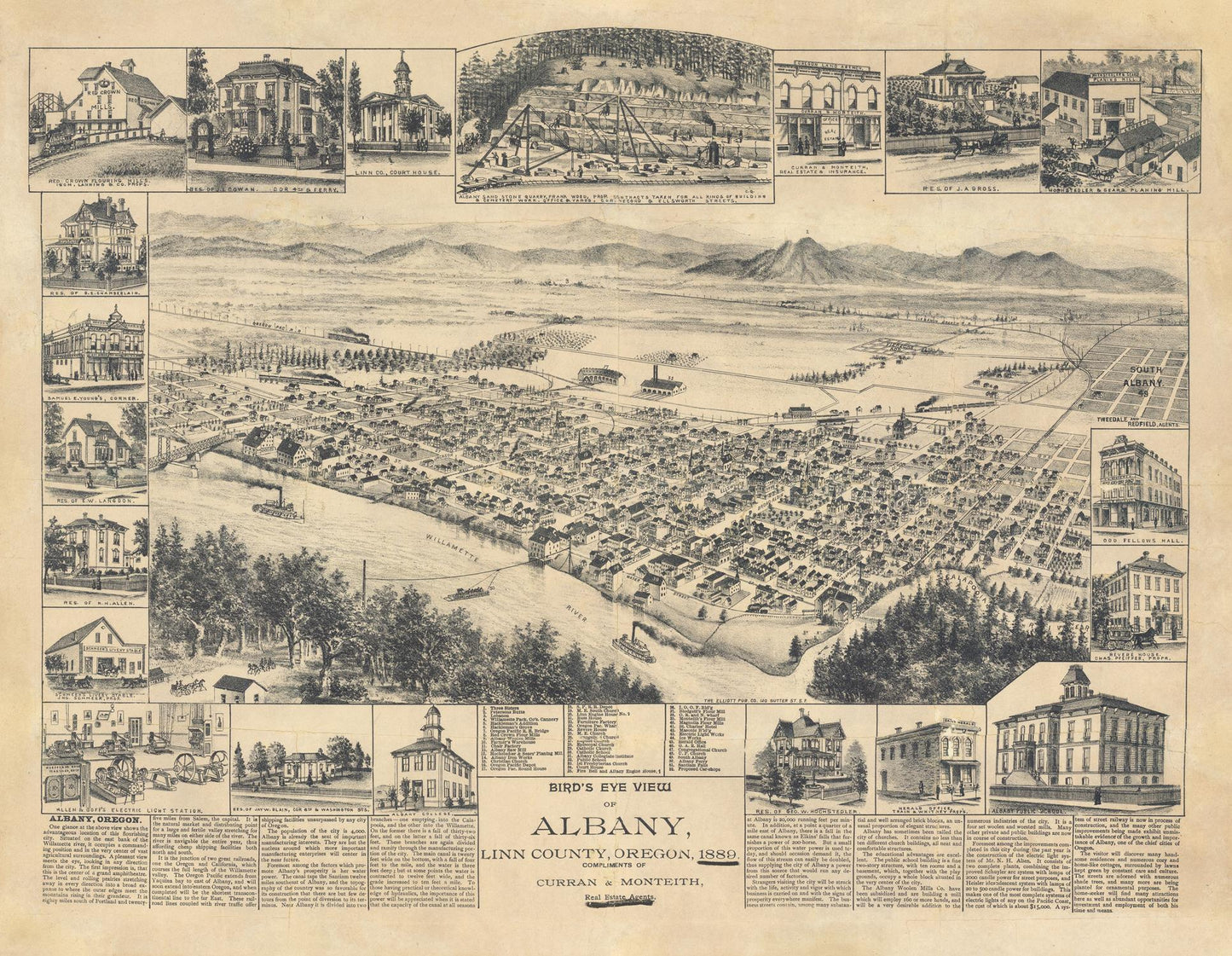 Vintage black and white illustration of Albany, Linn County, Oregon, showing various views and details.