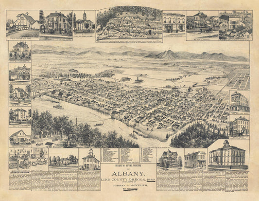Vintage black and white illustration of Albany, Linn County, Oregon, showing various views and details.