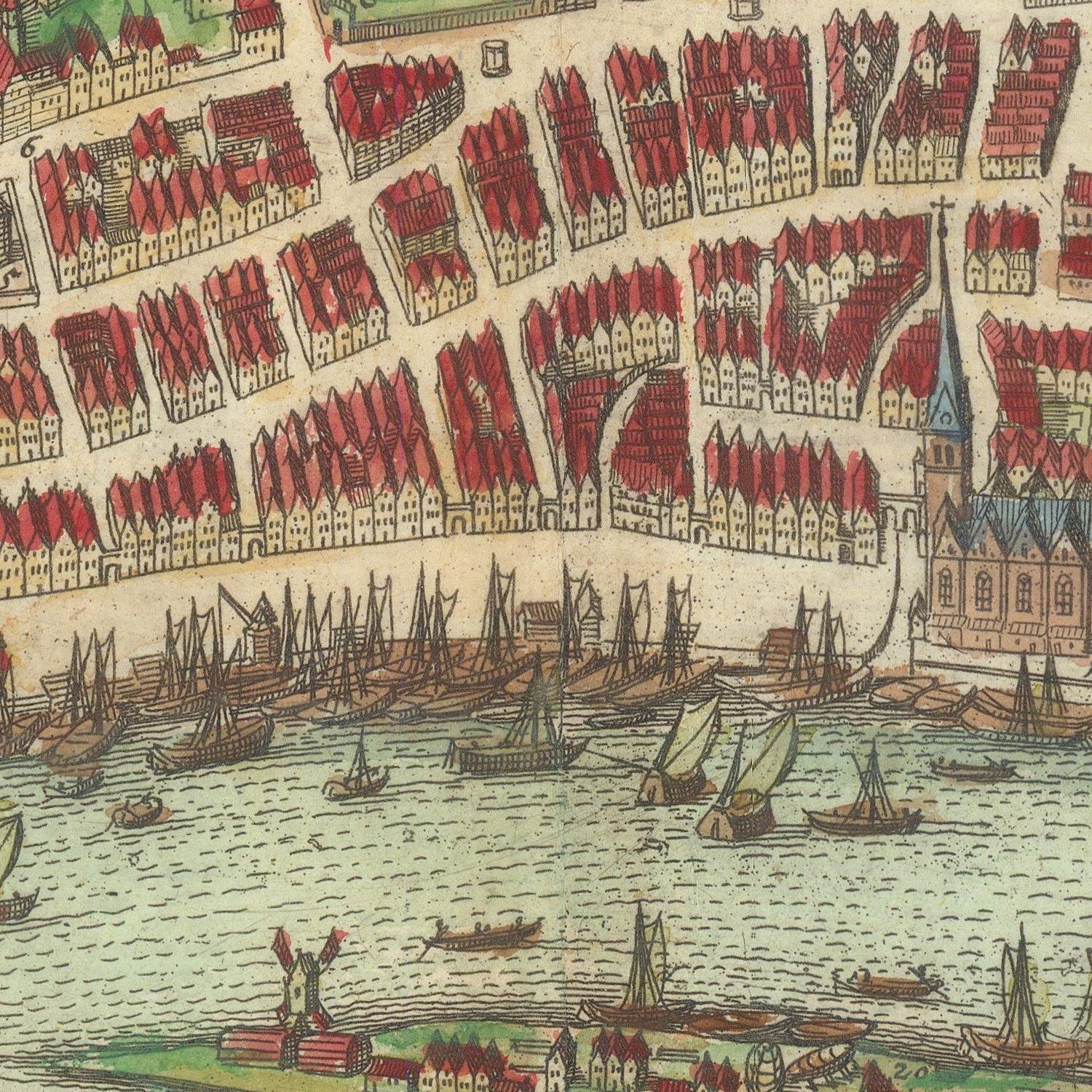 Vintage map of a city with buildings and boats on a river