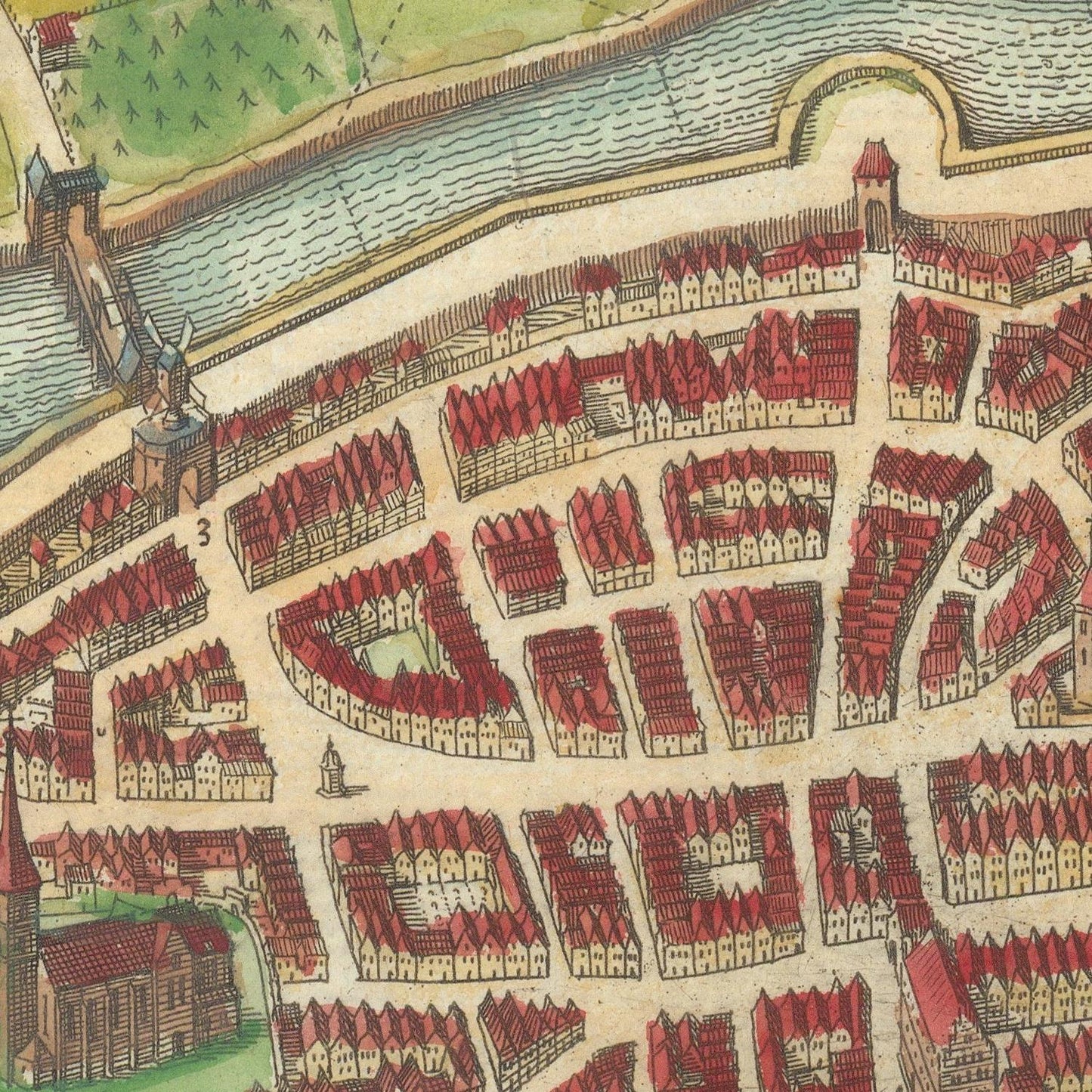 Vintage map of a town with red rooftops and a river