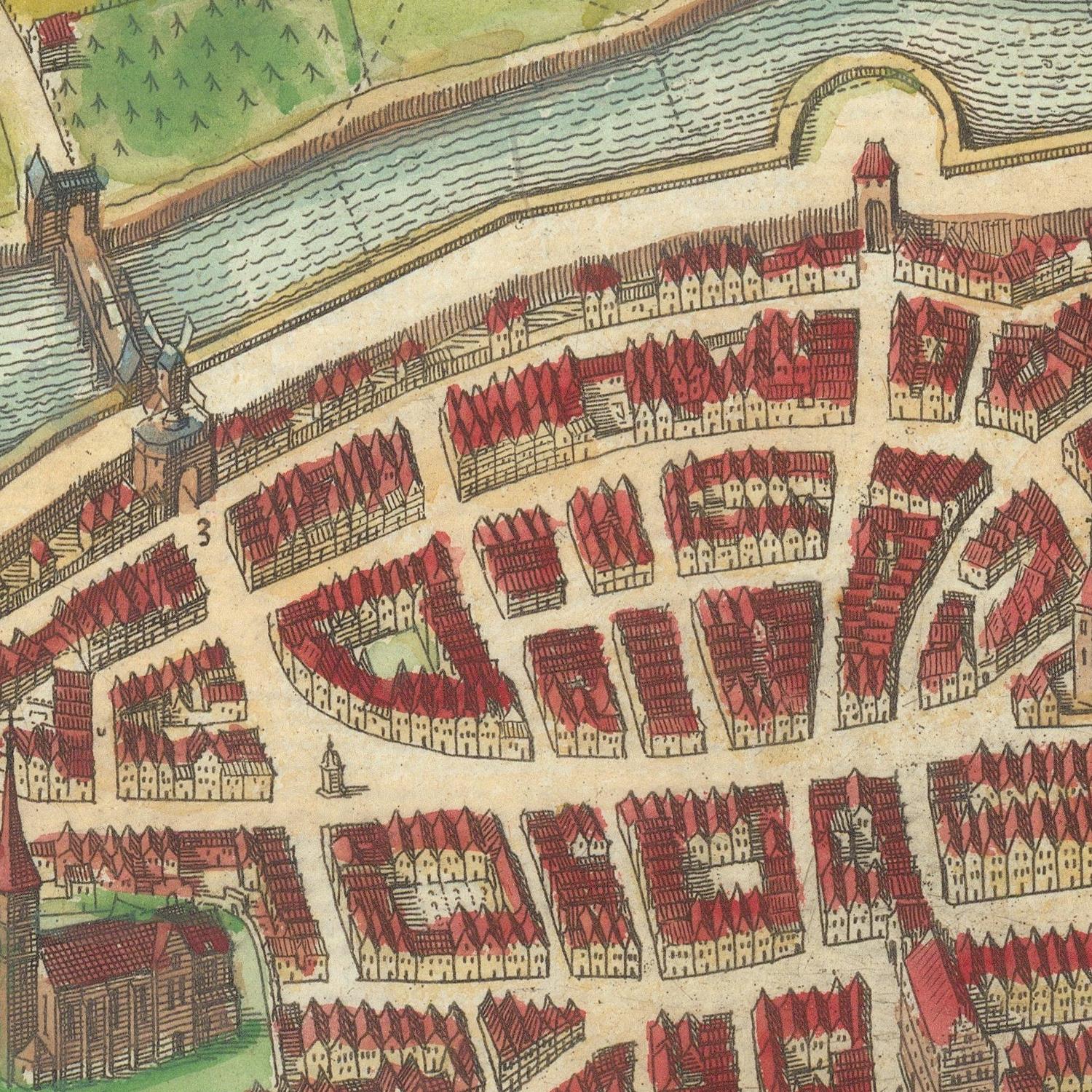 Vintage map of a town with red rooftops and a river
