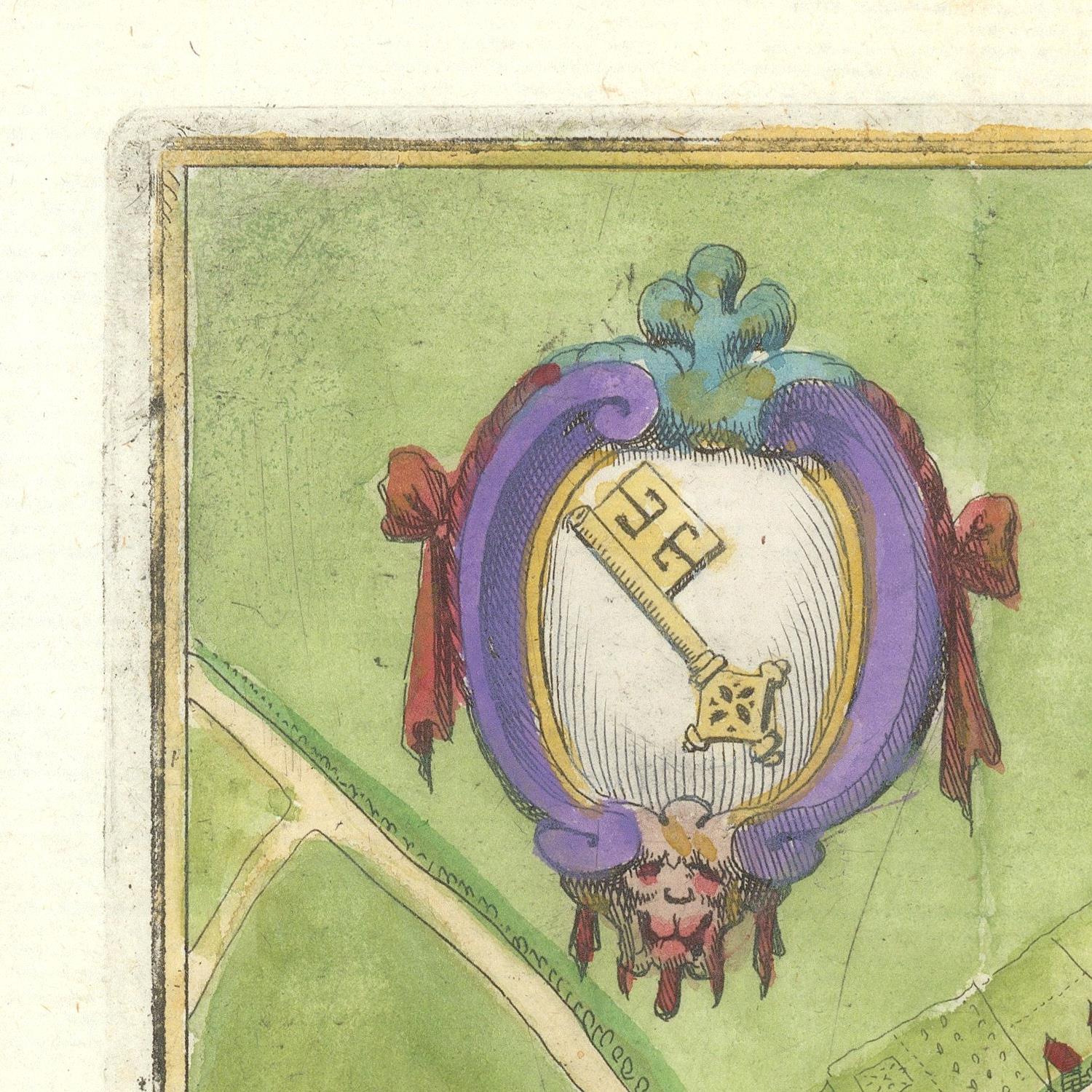 Decorative coat of arms with a key symbol on a green background