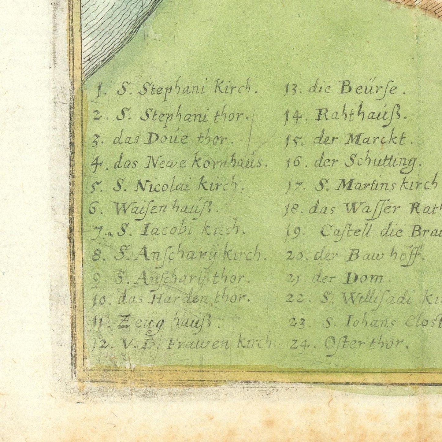 Historical map with labeled landmarks and streets on a green background