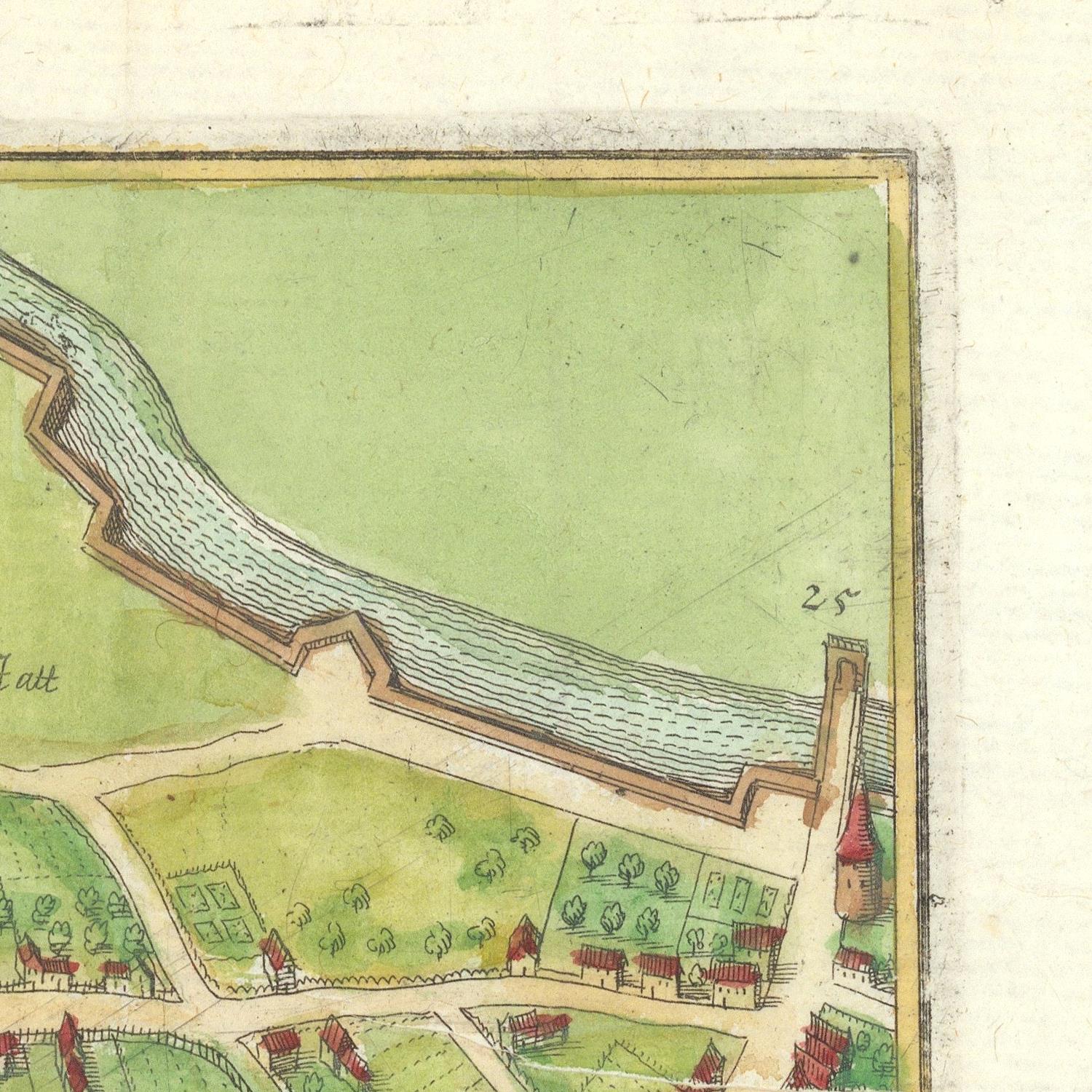 Vintage map of a fortified area with green fields and buildings.
